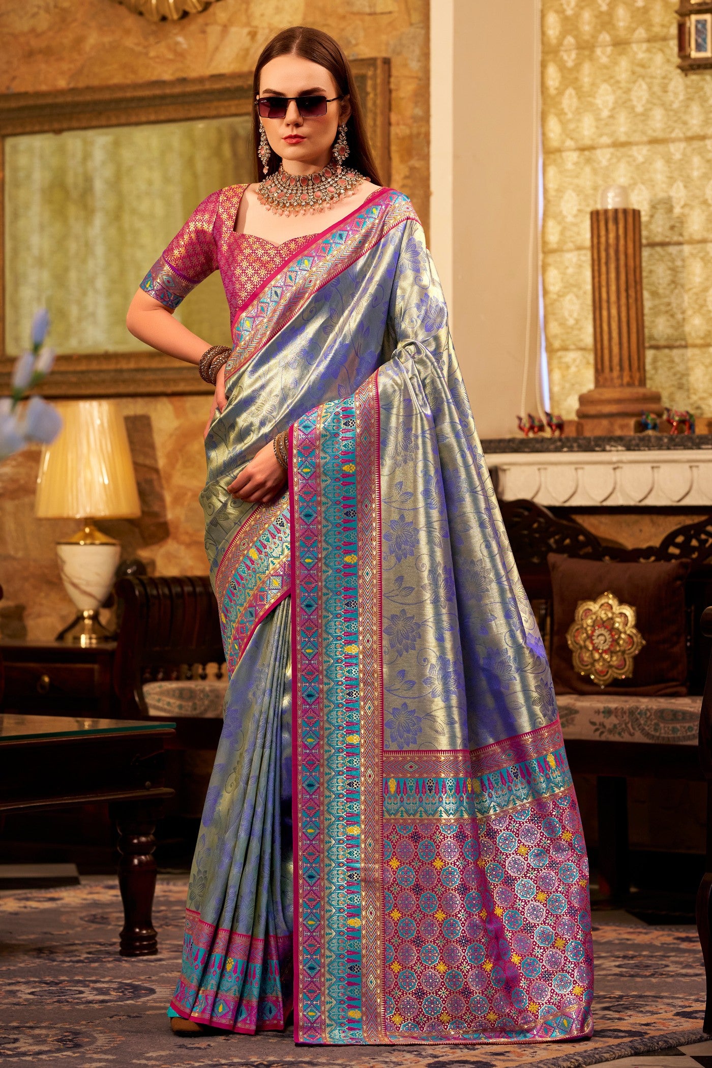 Buy MySilkLove Cobalt Blue Zari Woven Tissue Silk Saree Online