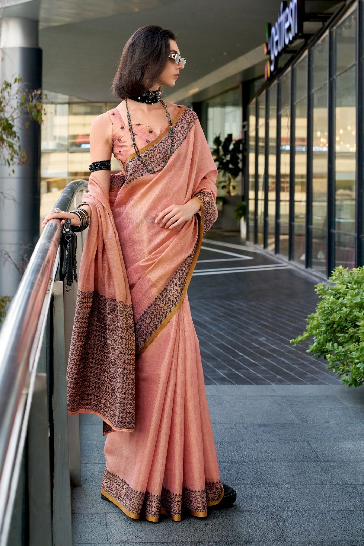 Buy MySilkLove Malibu Peach Linen Tissue Silk Saree Online