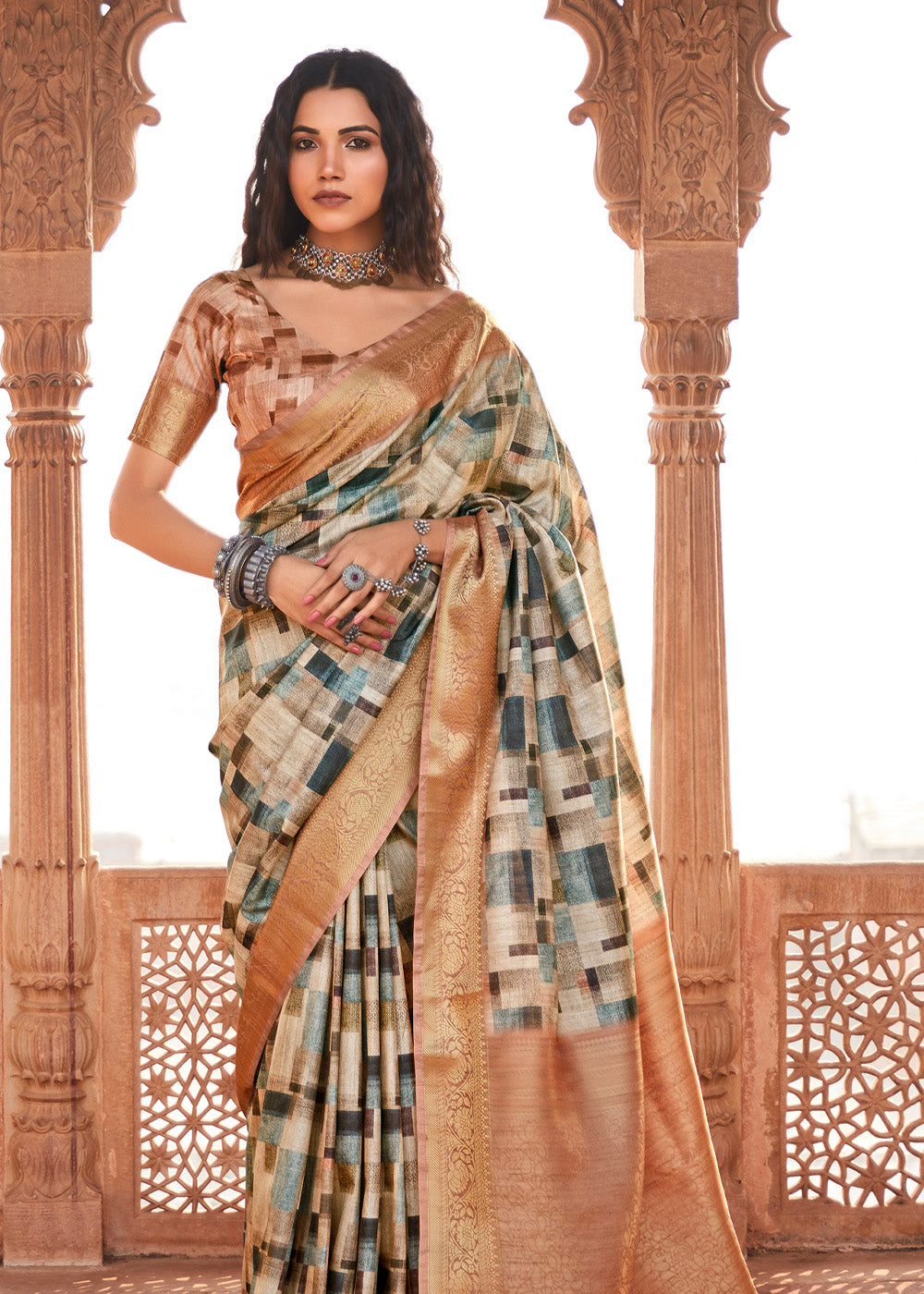 Buy MySilkLove Bone Cream and Handloom Banarasi Silk Saree Online