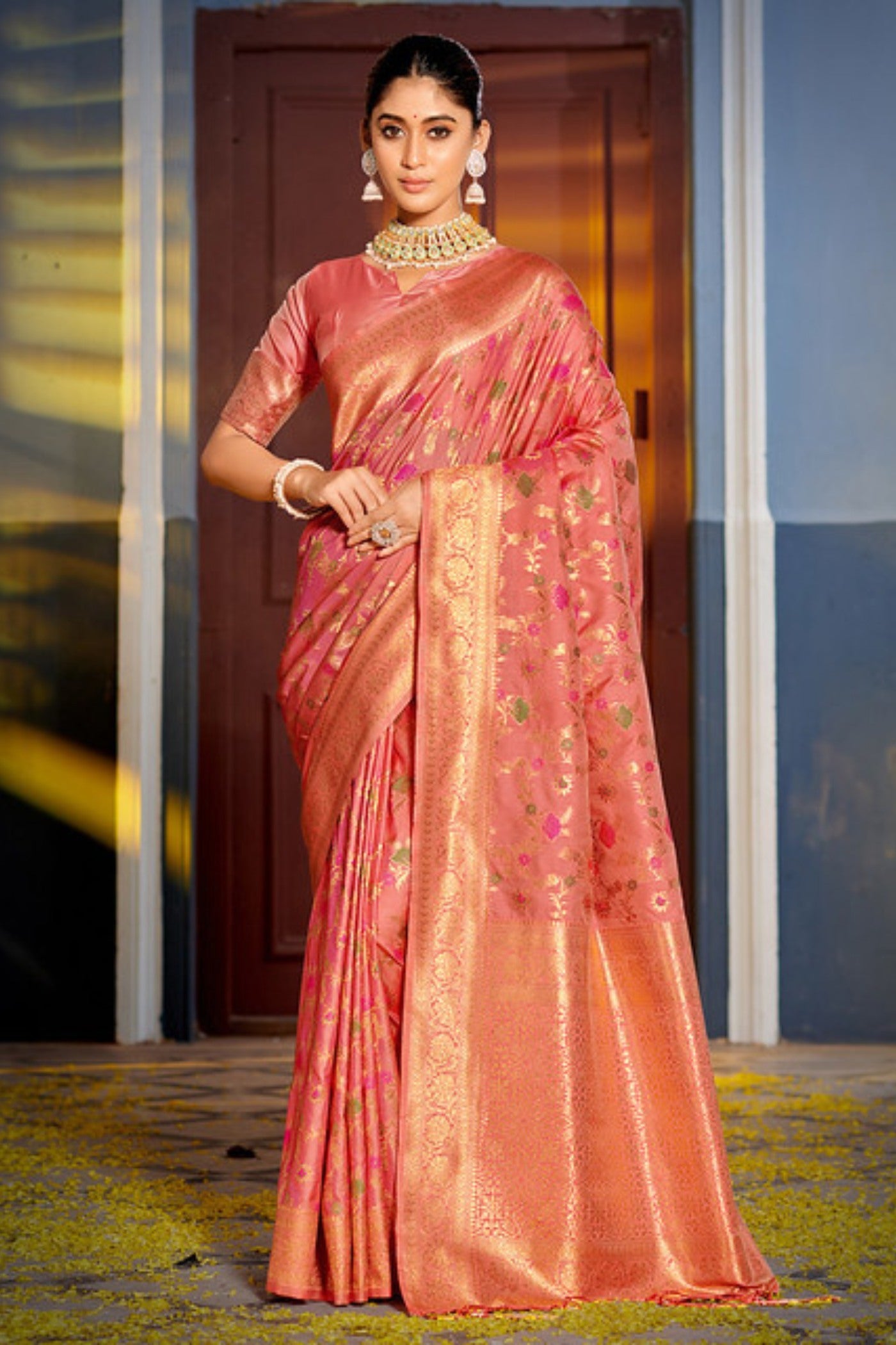 Buy MySilkLove Japonica Peach Zari Woven Banarasi Saree Online