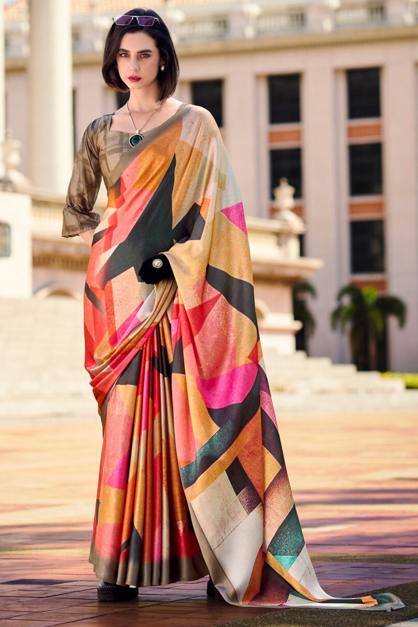 Buy MySilkLove Multicolor Ornage Printed Satin Crepe Silk Saree Online