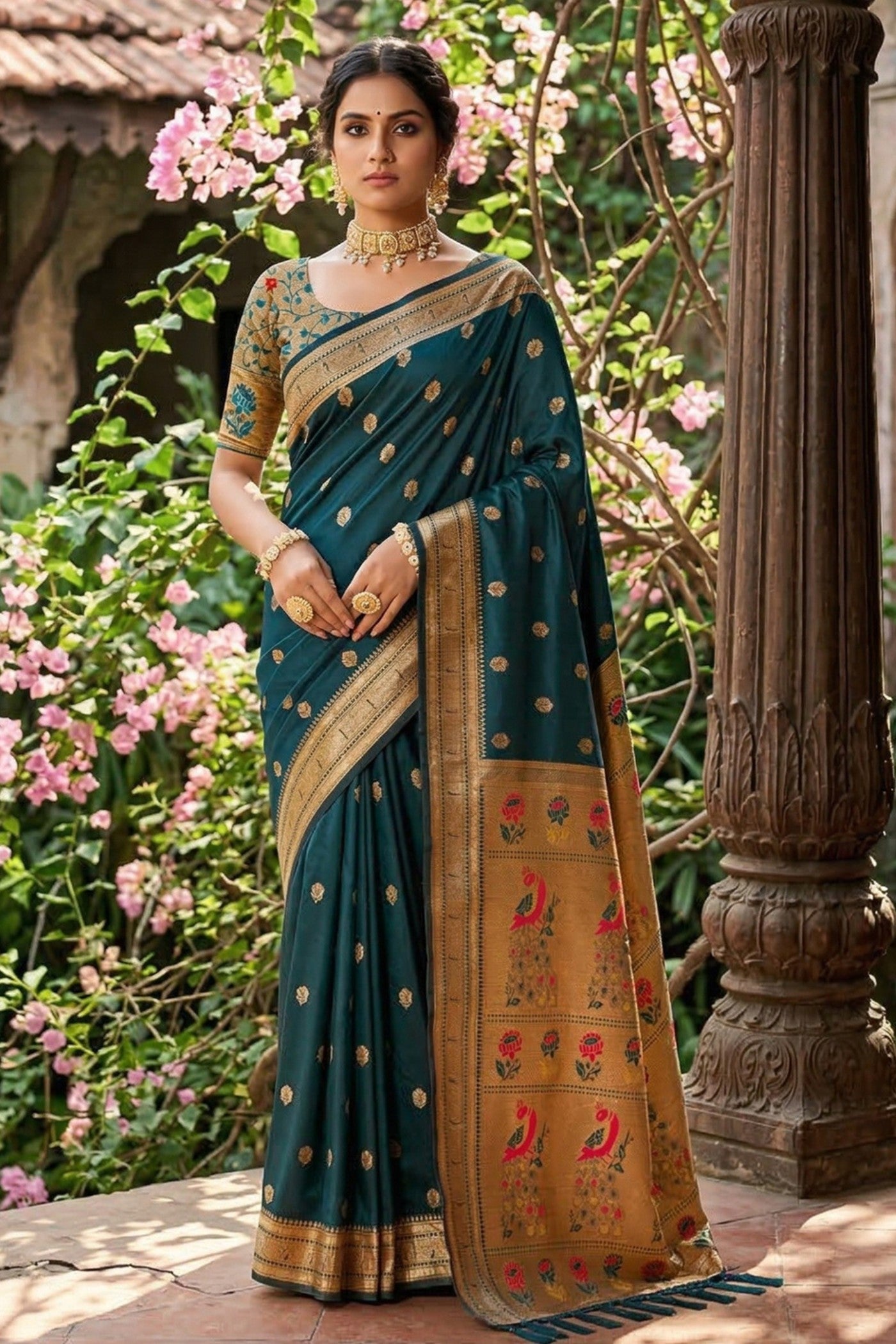 Buy MySilkLove Bottle Green Zari Woven Paithani Saree Online
