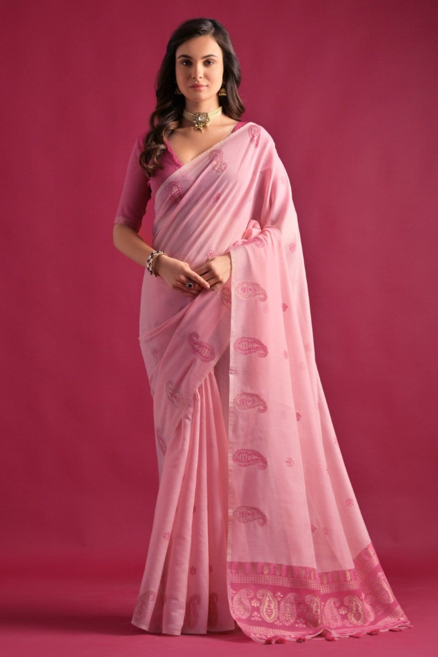 Buy MySilkLove Beauty Pink Woven Mul Cotton Saree Online