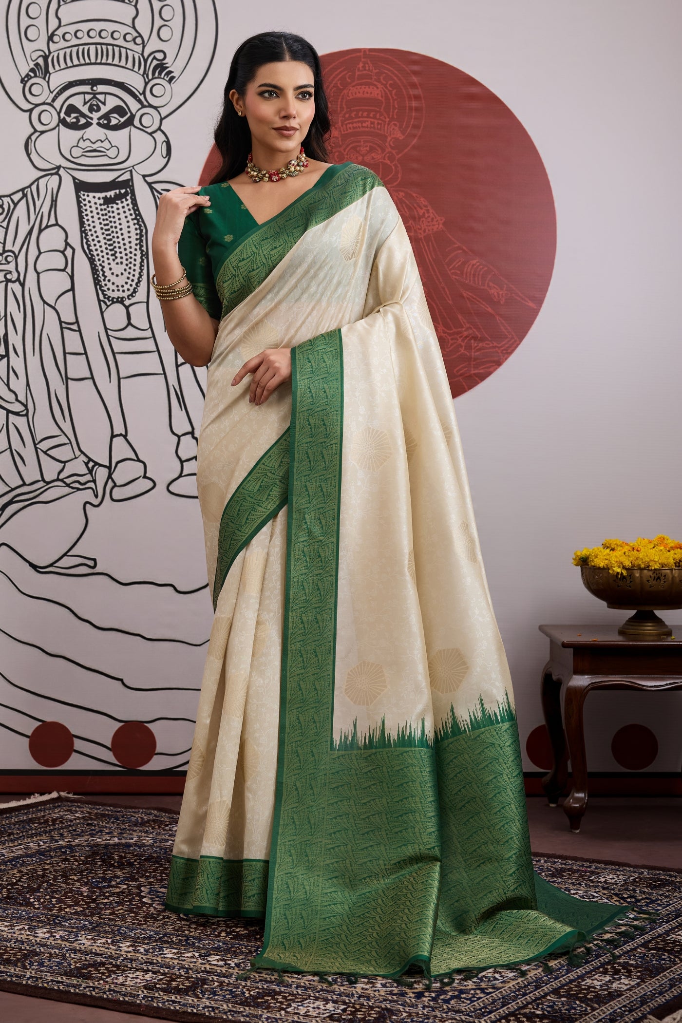Buy MySilkLove Windsor Cream and Green Handloom South Silk Saree Online