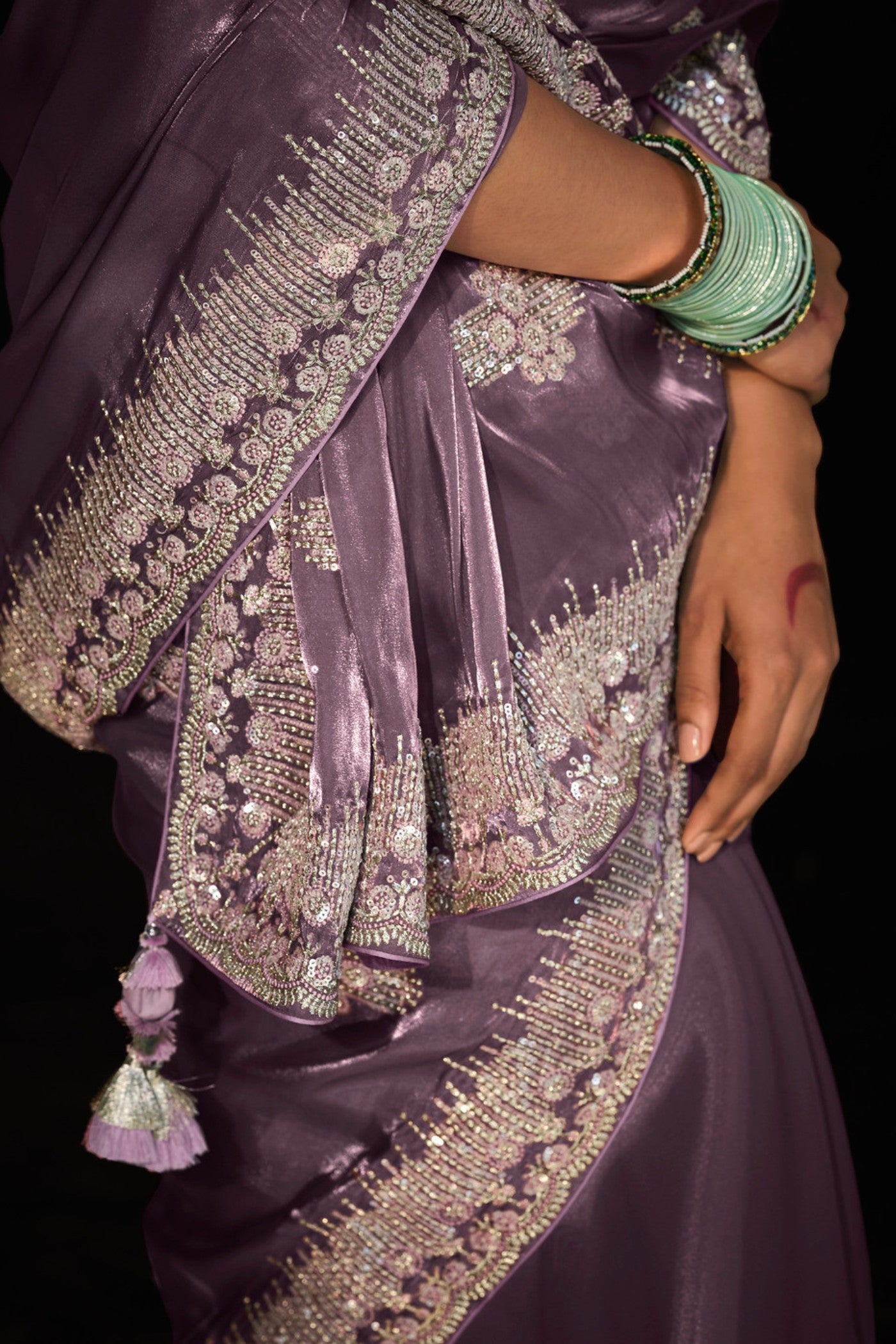 Buy MySilkLove Old Rose Purple Tissue Embroidered Designer Saree Online