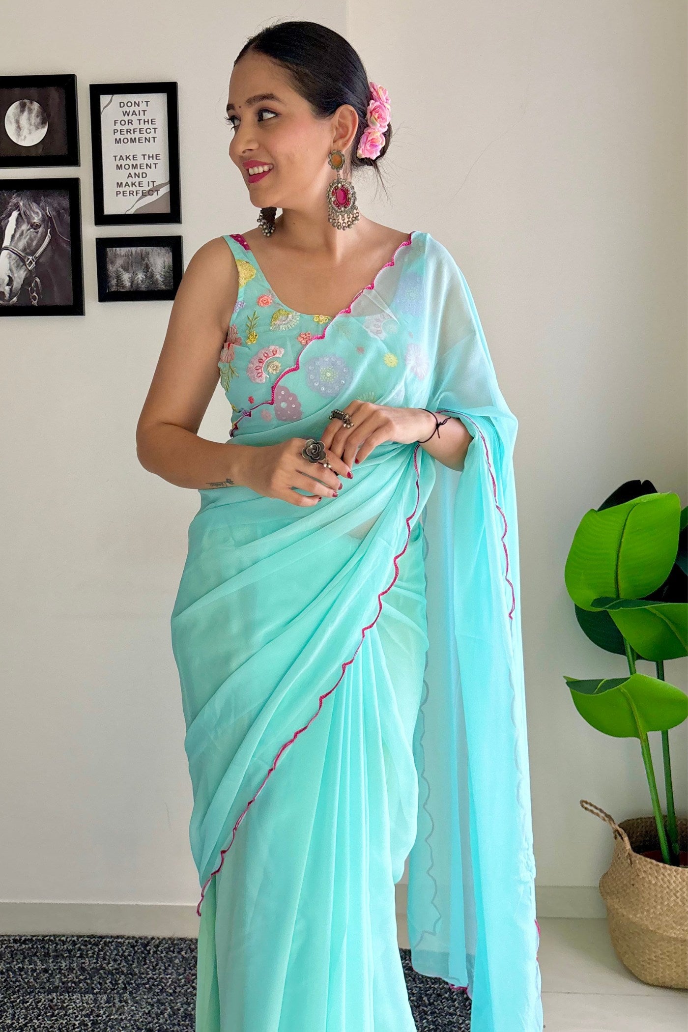 Buy MySilkLove Sky Blue Gerogette Saree Online