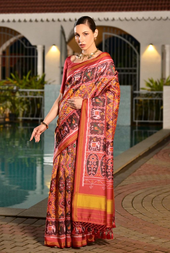 Buy MySilkLove Neon Orange Printed Patola Soft Silk Saree Online