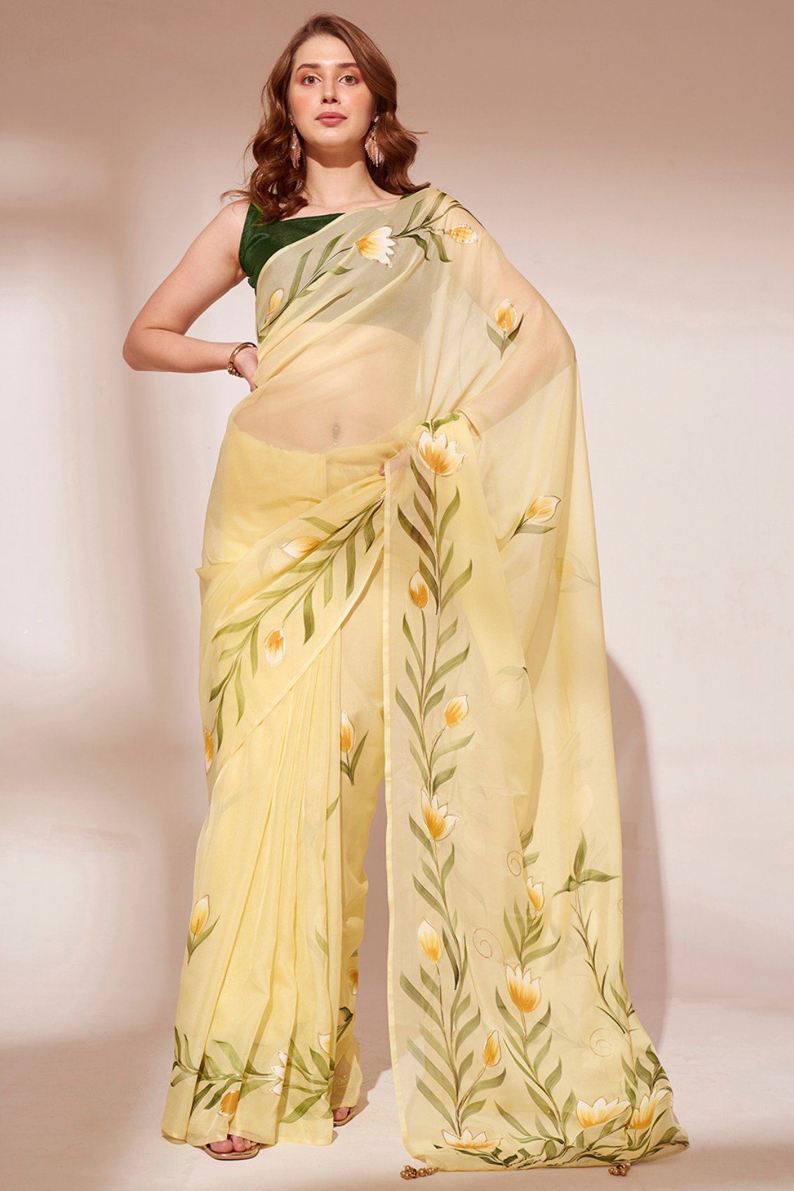 Buy MySilkLove Shalimar Yellow  Printed Organza Saree Online