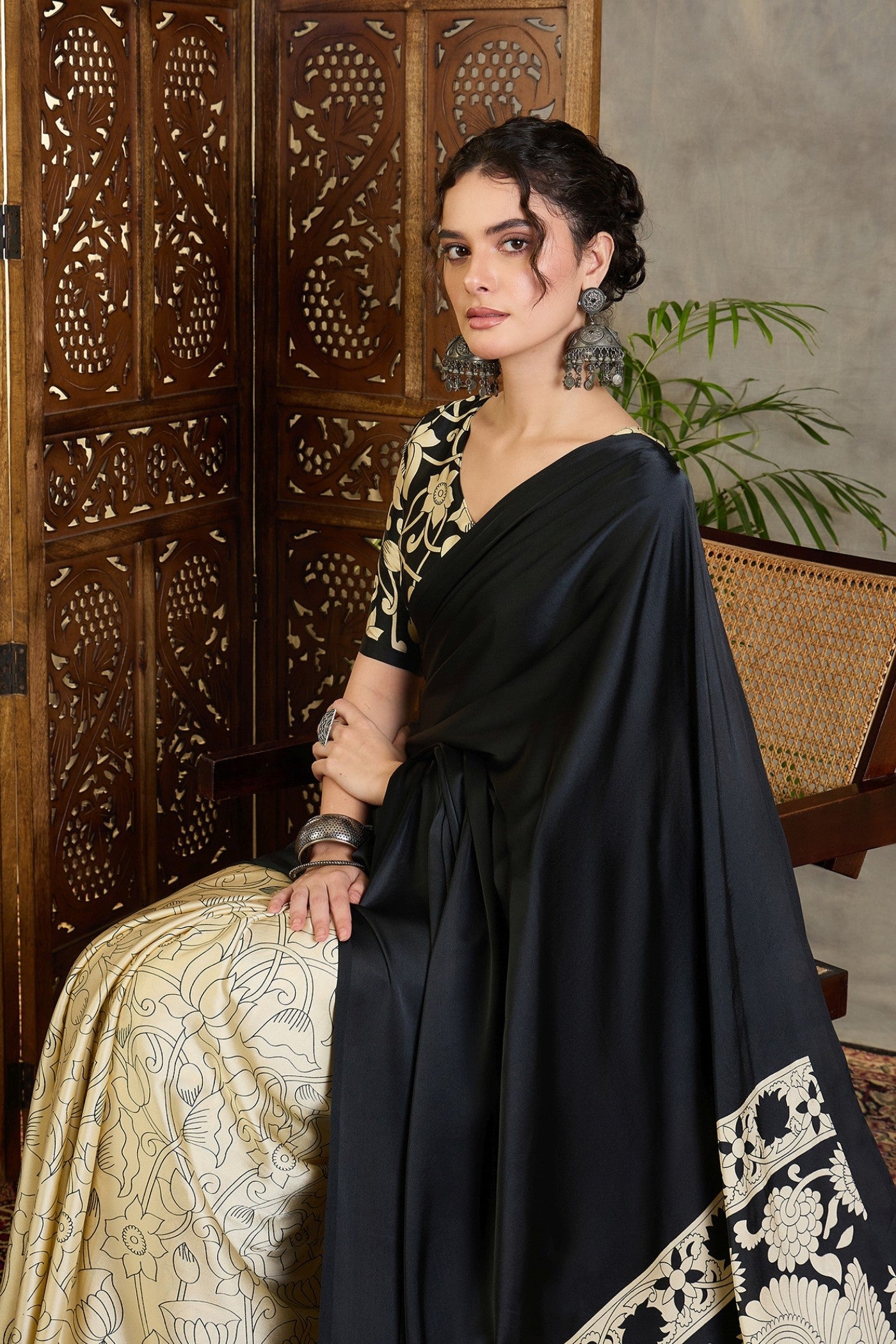 Buy MySilkLove Crow Black and Cream Kalamkari Printed Satin Silk Saree Online