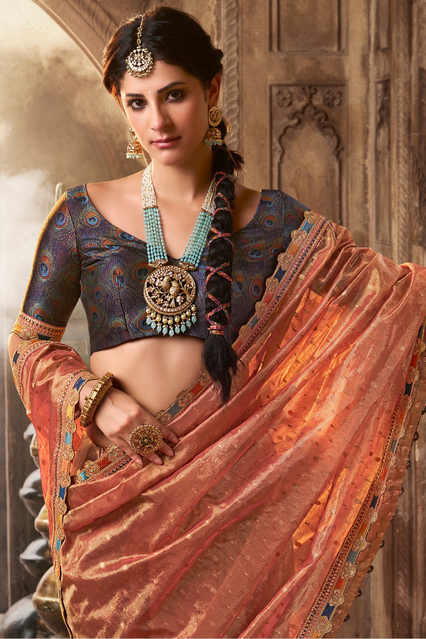 Buy MySilkLove Japonica Peach Tissue Designer Saree Online