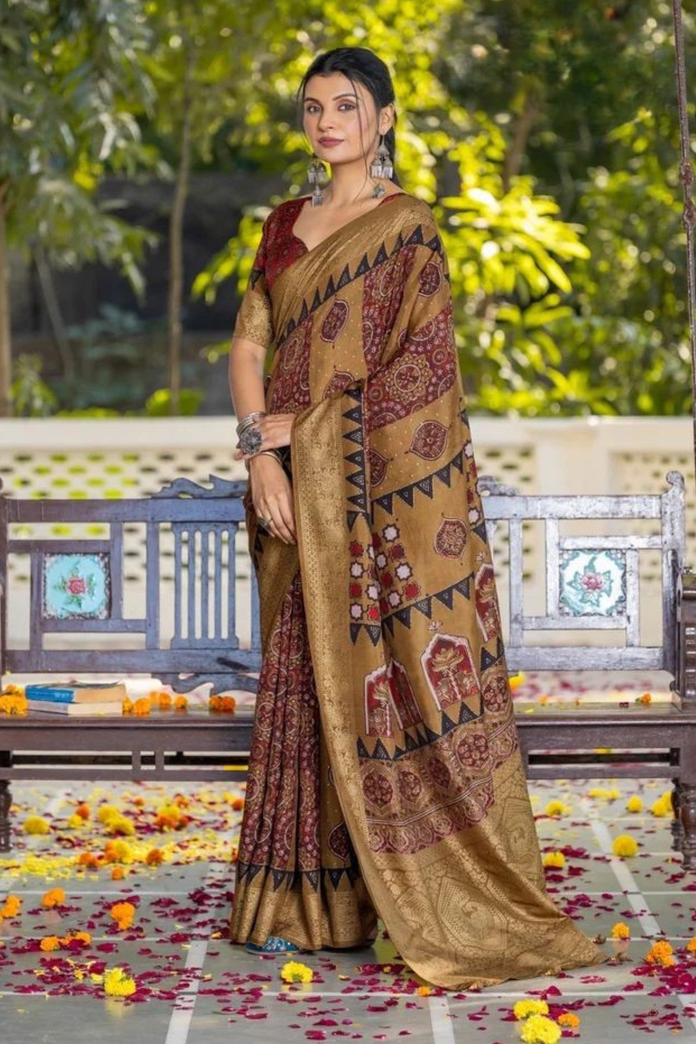 Buy MySilkLove Dusty Brown Ajrakh Digital Printed Satin Saree Online