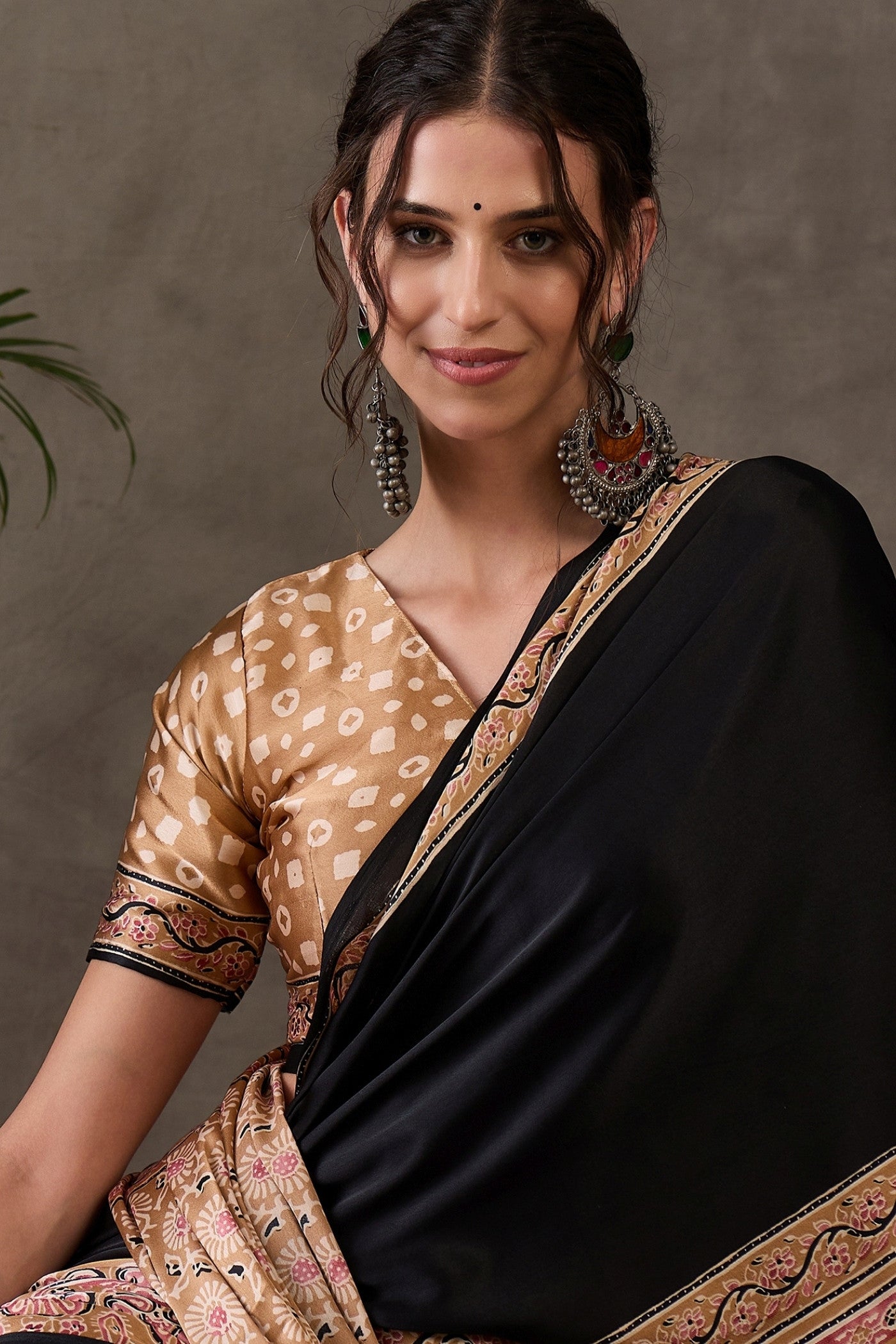 MySilkLove Ebony Black Printed Satin Gaji Silk Saree
