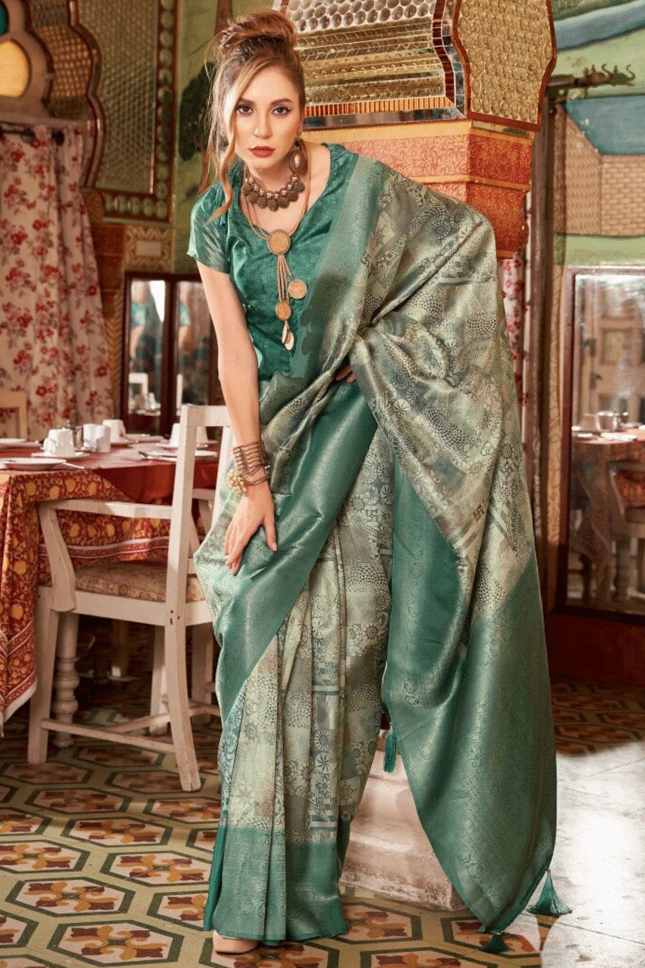 Buy MySilkLove Sage Green Banarasi Digital Printed Saree Online