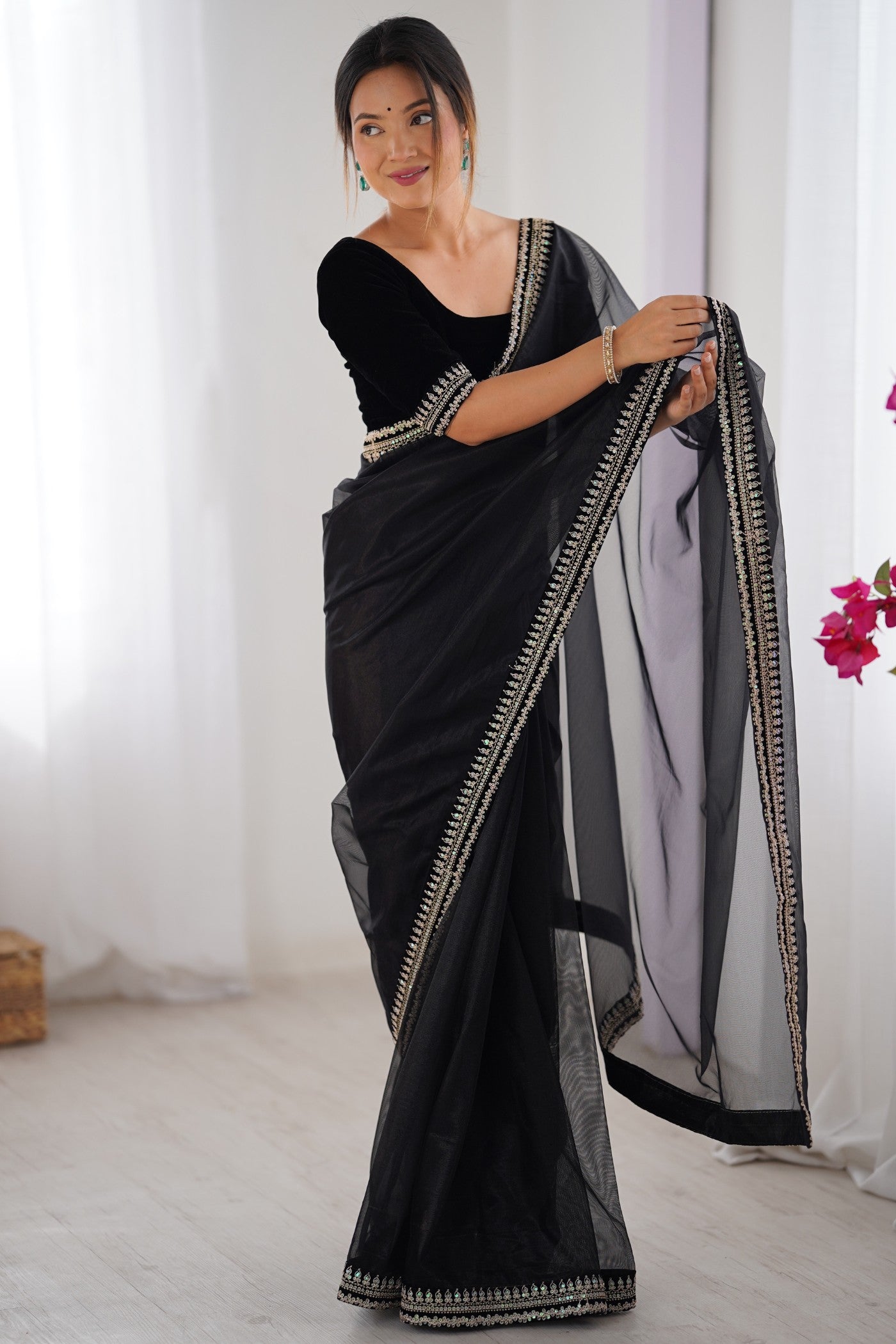Buy MySilkLove Meatal Black Partywear Net Saree Online