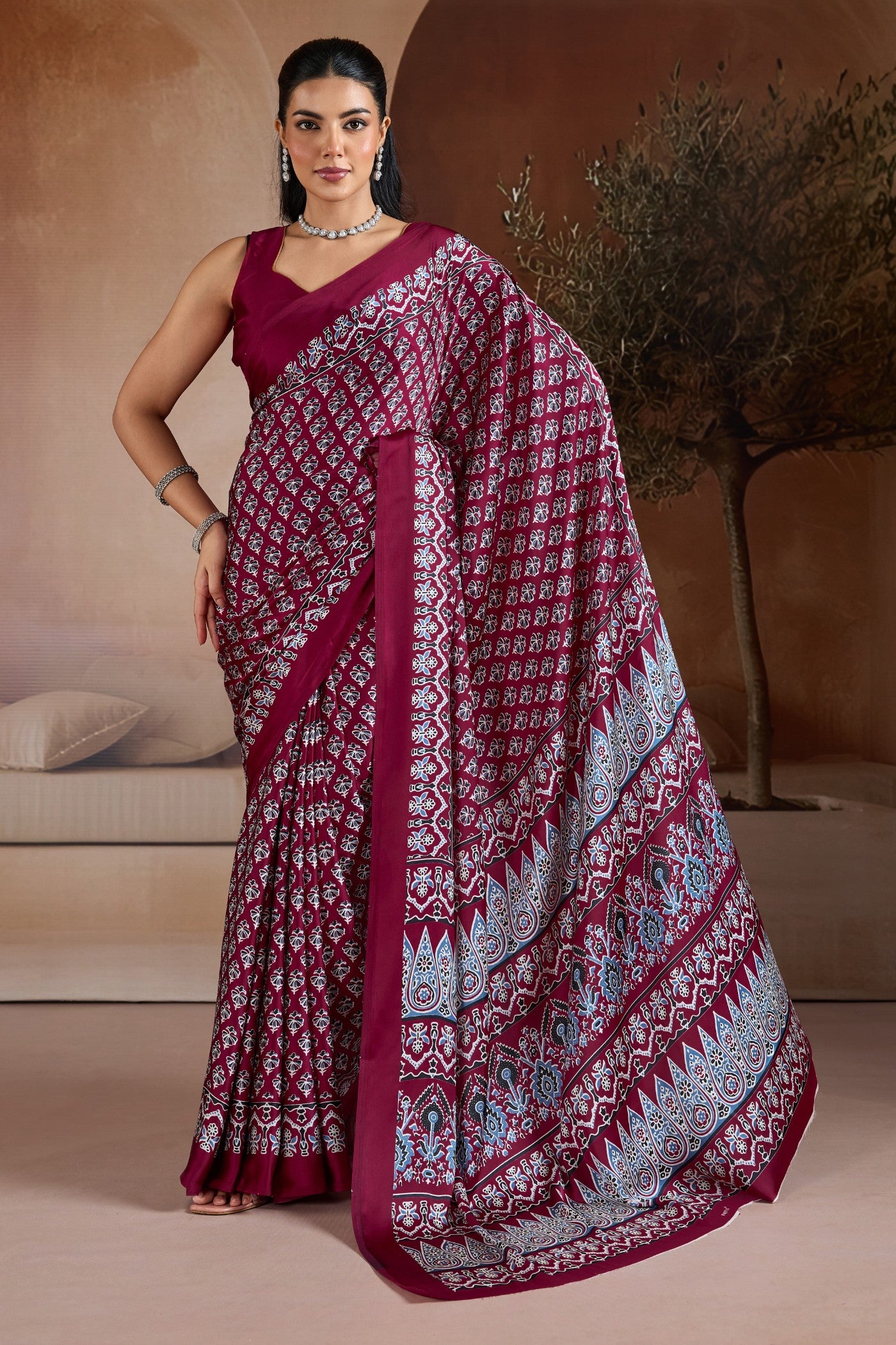Buy MySilkLove Luxury Maroon Ajrakh Printed Satin Crepe Silk Saree Online