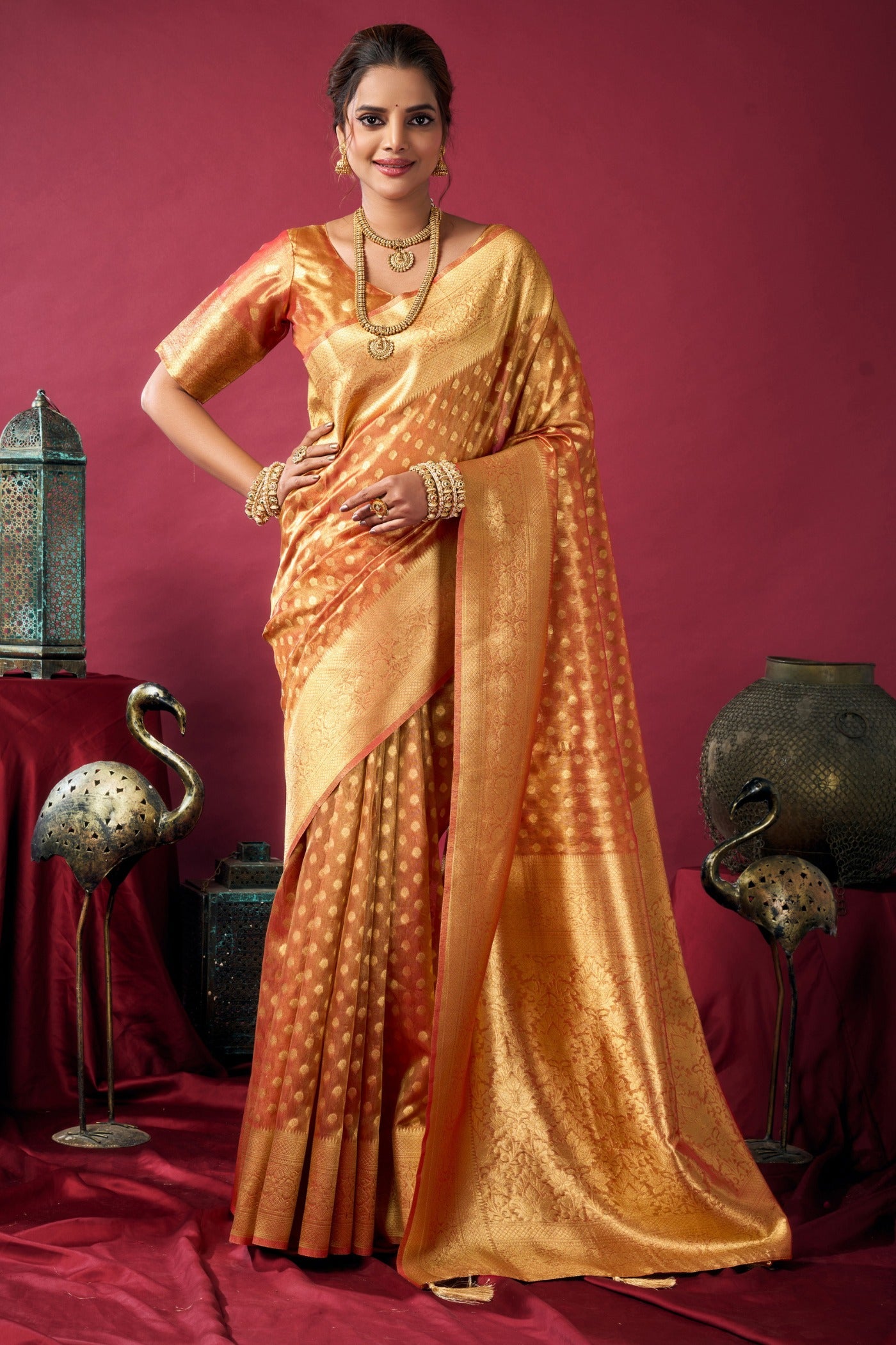 Buy MySilkLove Smashed Orange Handloom Tissue Silk Saree Online