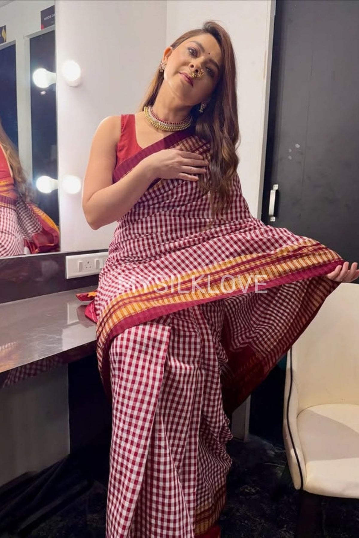 Buy MySilkLove Sonali Kulkarni Inspired: Brown Checks Pattern Pure Silk Irkal Saree Online
