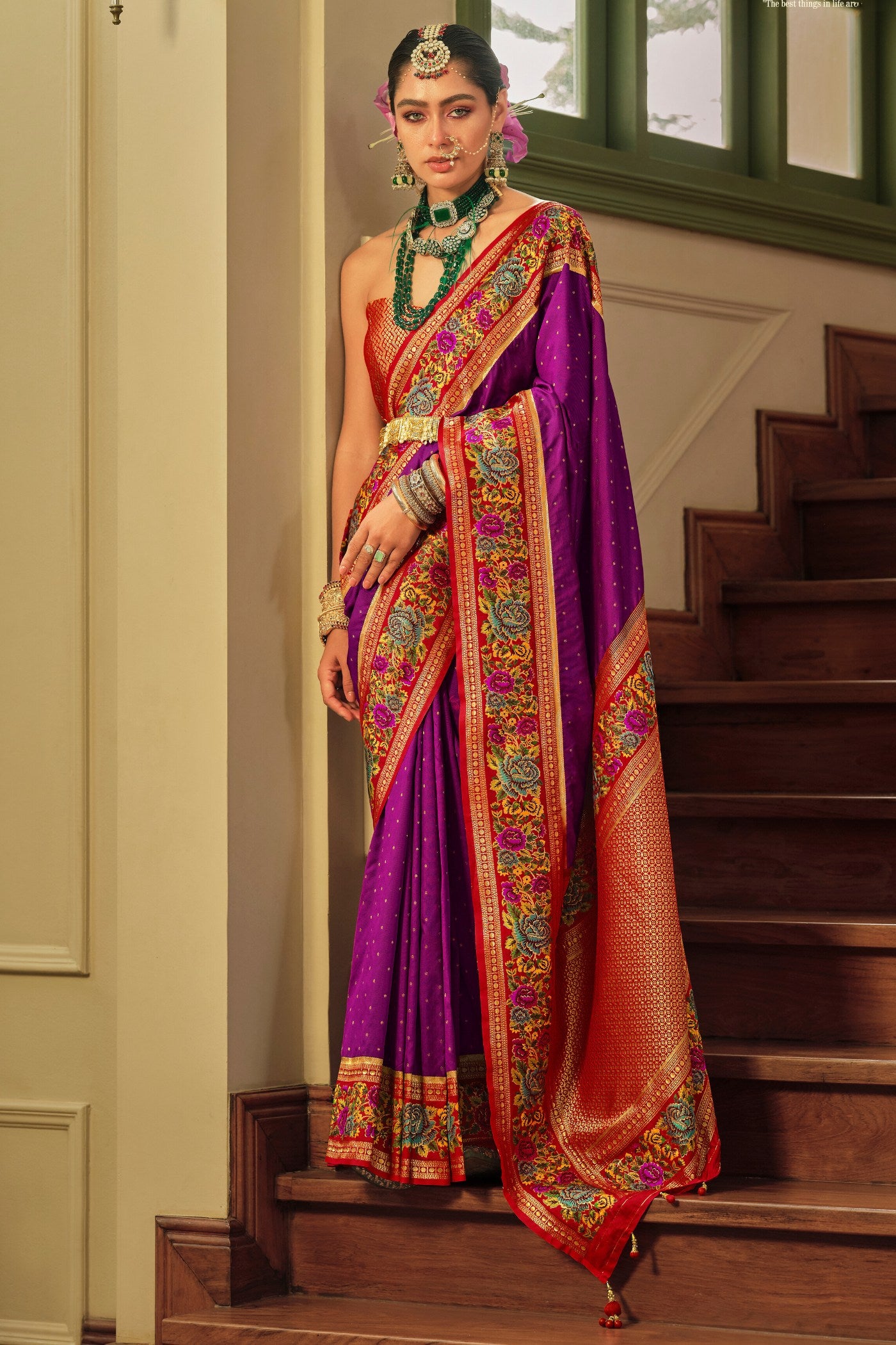 Buy MySilkLove Rose Bud Cherry Purple Printed Banarasi Saree Online