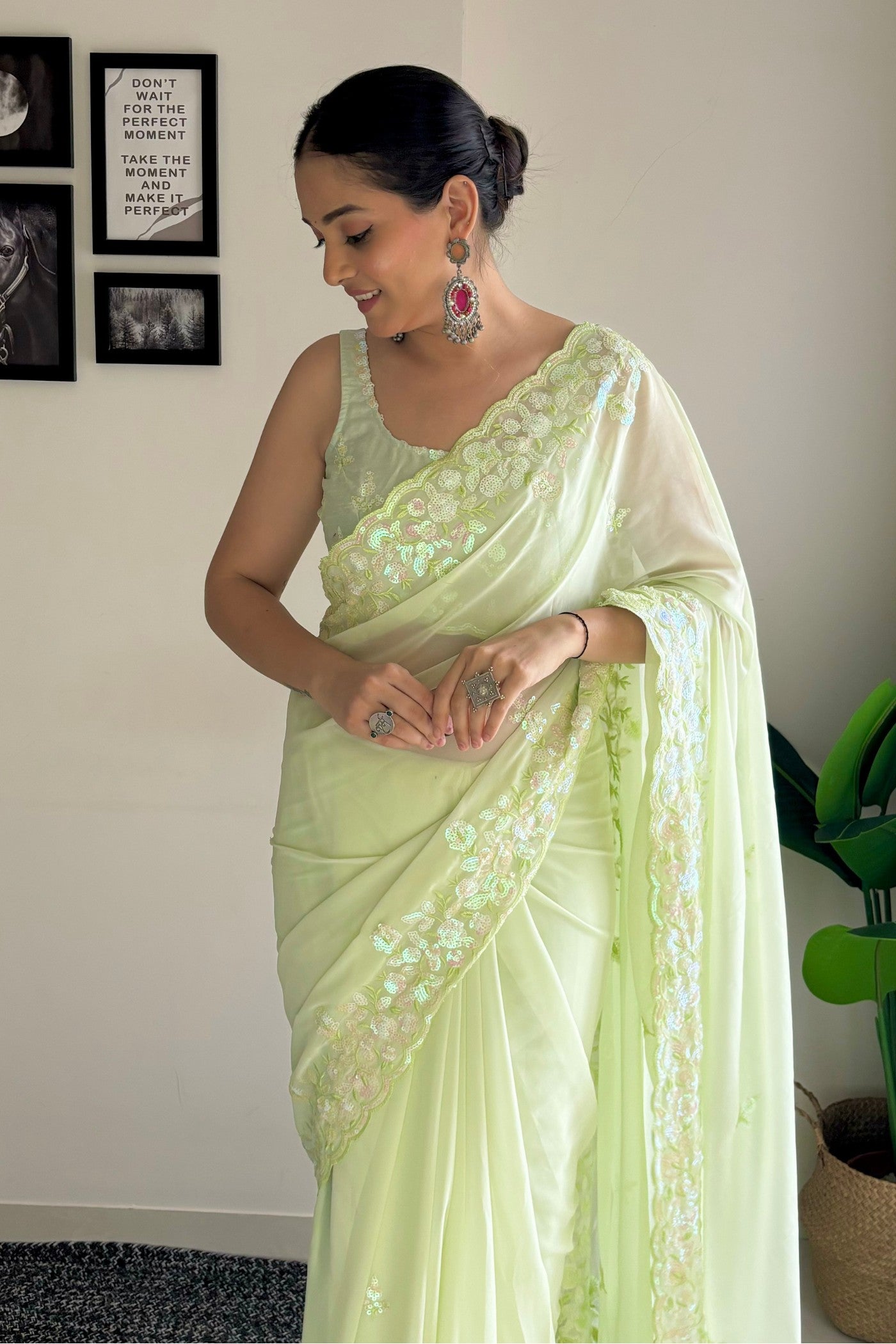 Buy MySilkLove Pineapple Green Embroidery Georgette saree Online