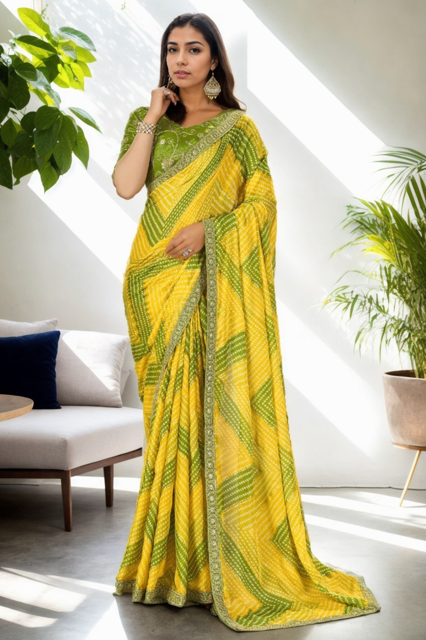 Buy MySilkLove Sunflower Yellow and Green Bandhani Digital Printed Silk Saree Online