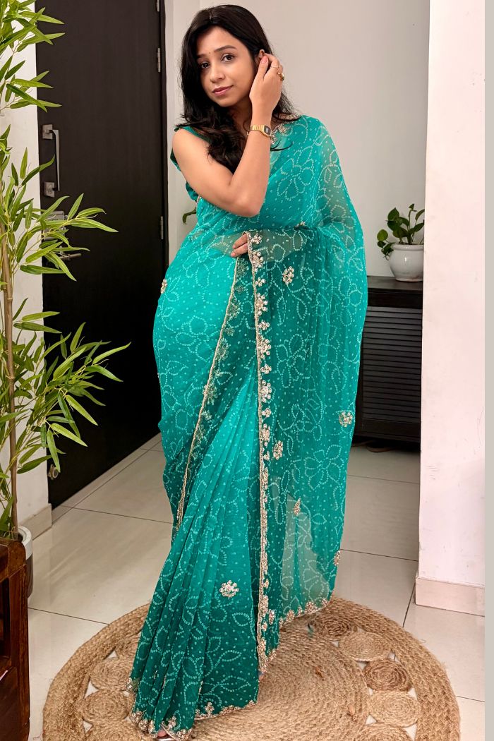Buy MySilkLove Aqua Teal Georgette Chiffon Bead Work Saree Online