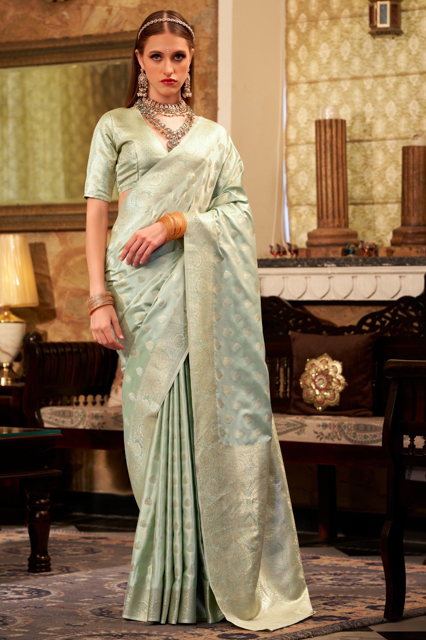 Buy MySilkLove Brighten Green Woven Banarasi Satin Soft Silk Saree Online