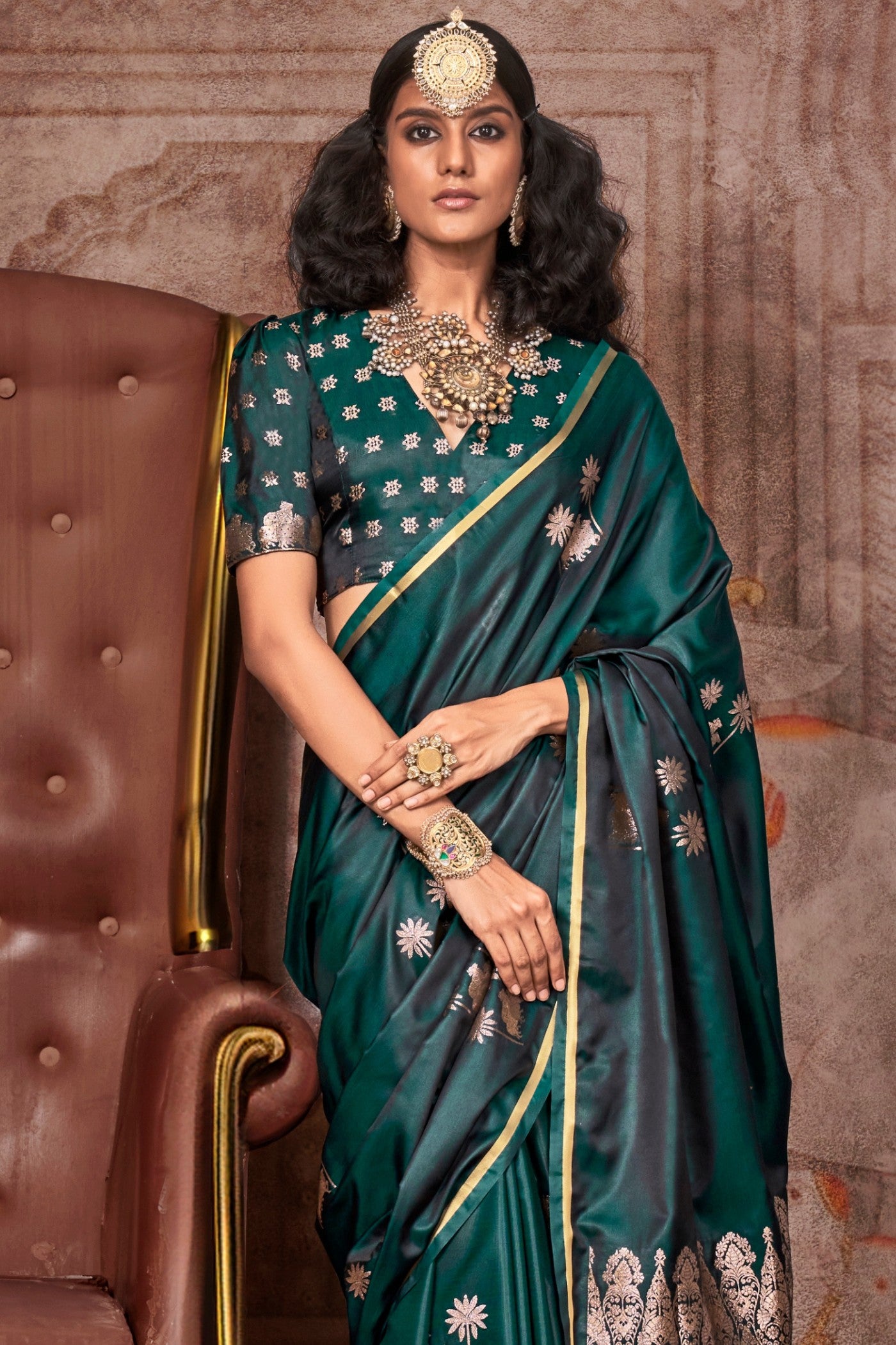 Buy MySilkLove Hunter Green Banarasi Pichwai Satin Saree Online