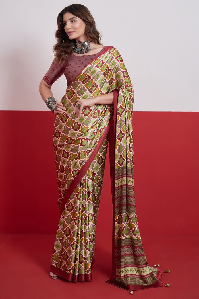 Buy MySilkLove Neutral Cream and Green Modal Satin Printed Silk Saree Online