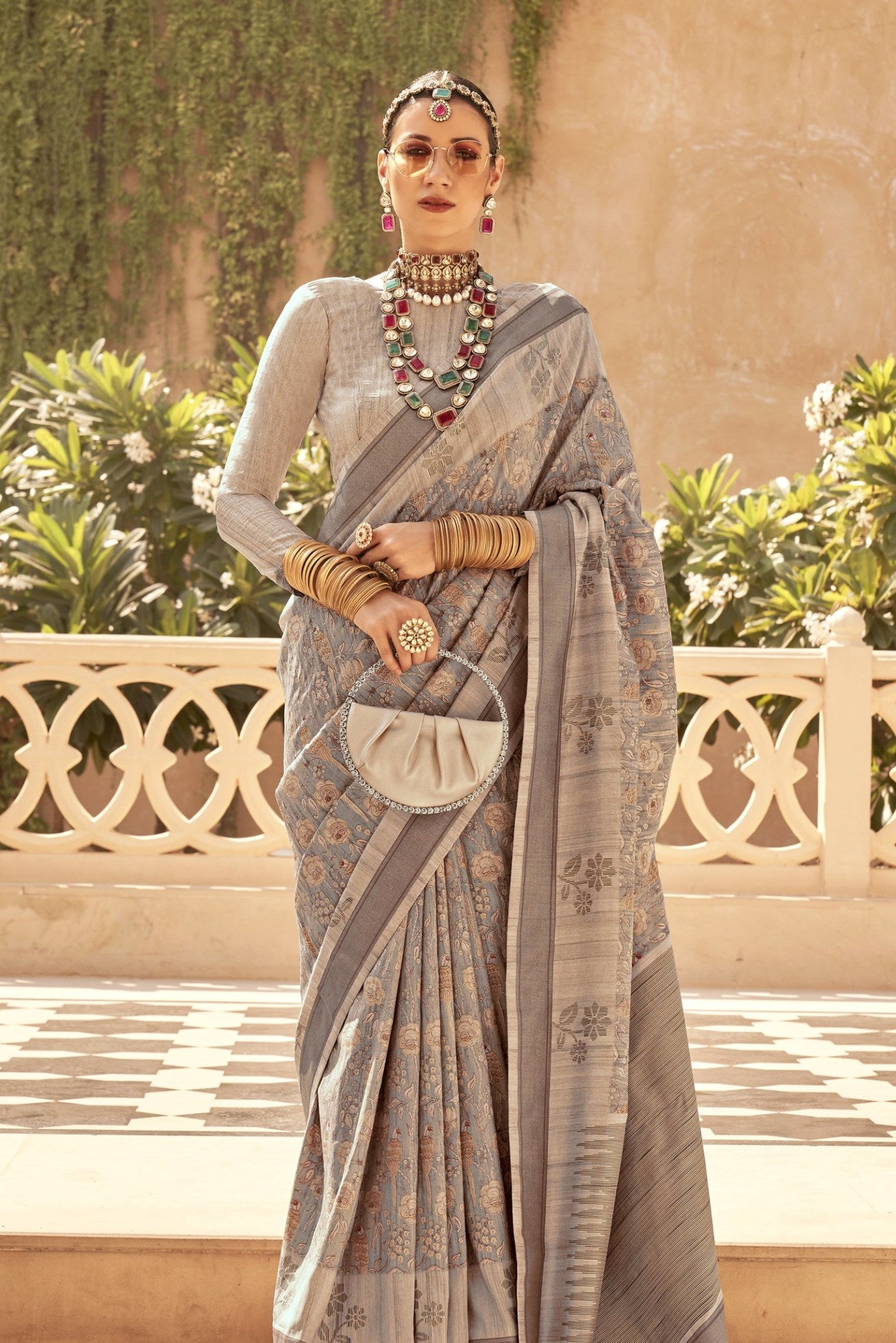 Buy MySilkLove Big Stone Grey Banarasi Handloom Saree Online