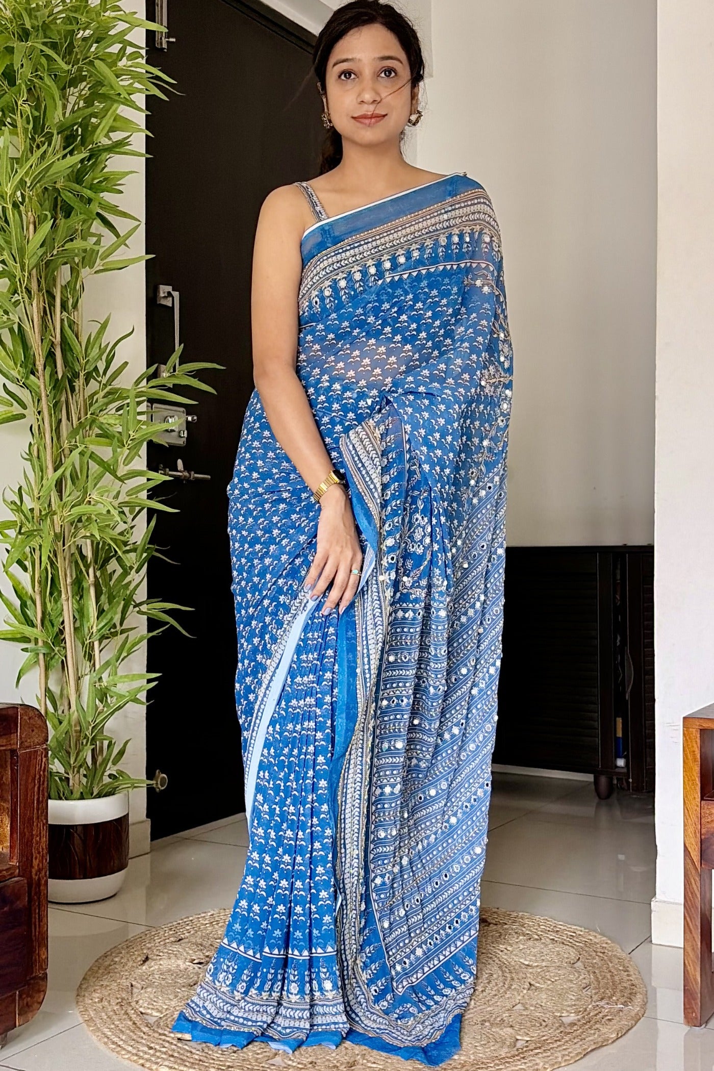 MySilkLove Calypso Blue Ajrakh Georgette Printed Mirror Work Saree