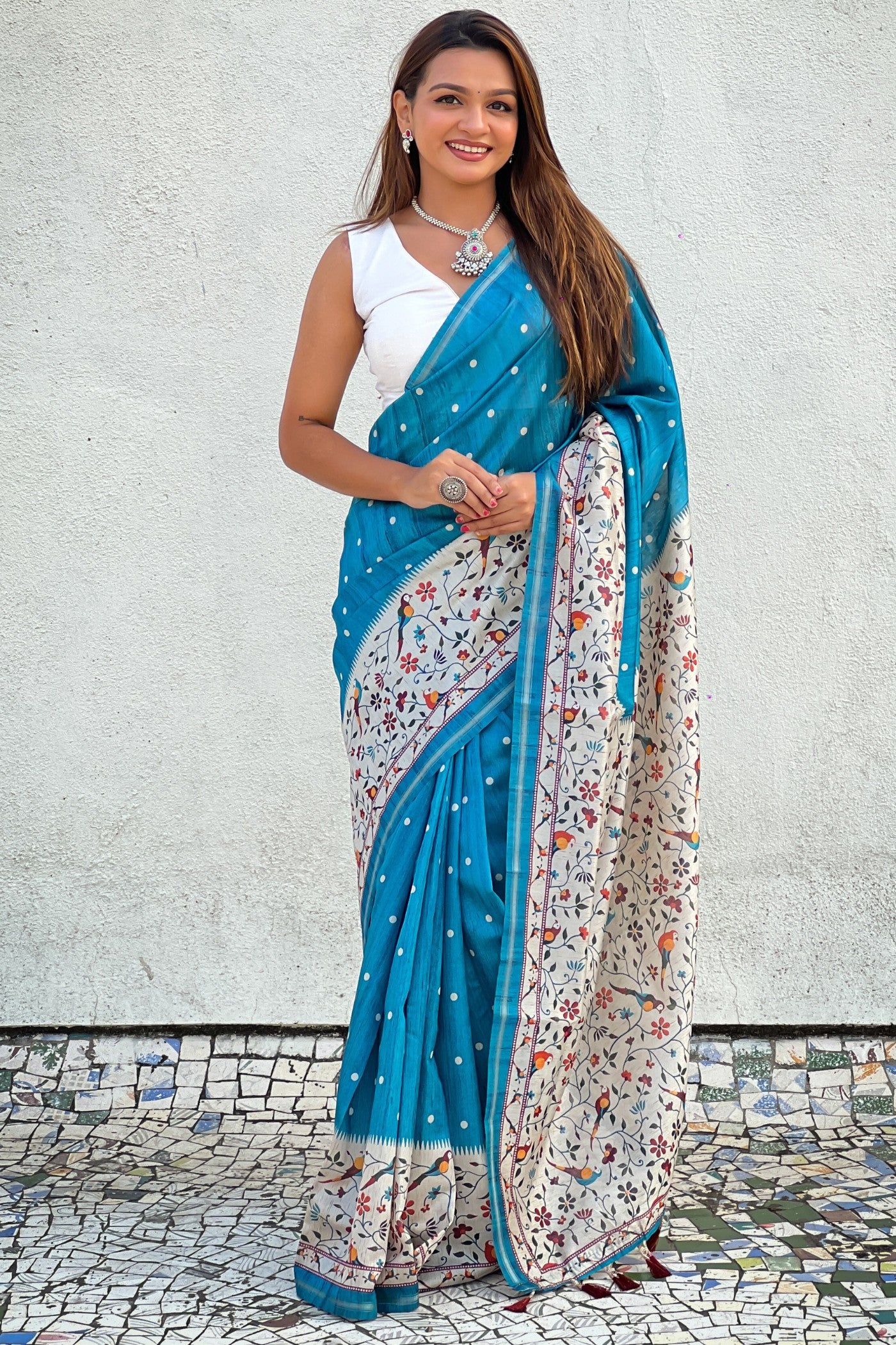 Buy MySilkLove Turquoise Blue Floral Printed Kalamkari Saree Online