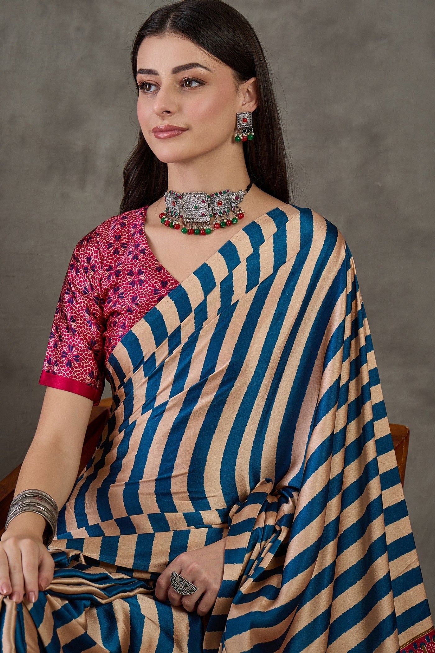 Buy MySilkLove Tuft Blue Stripe Ajrakh Printed Satin Gaji Silk Saree Online