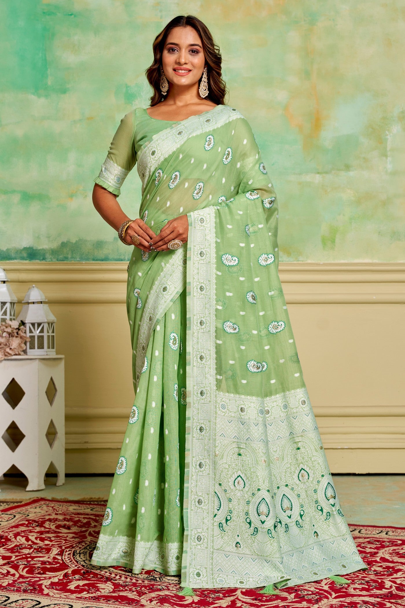 Buy MySilkLove Swamp Green Woven Cotton Saree Online