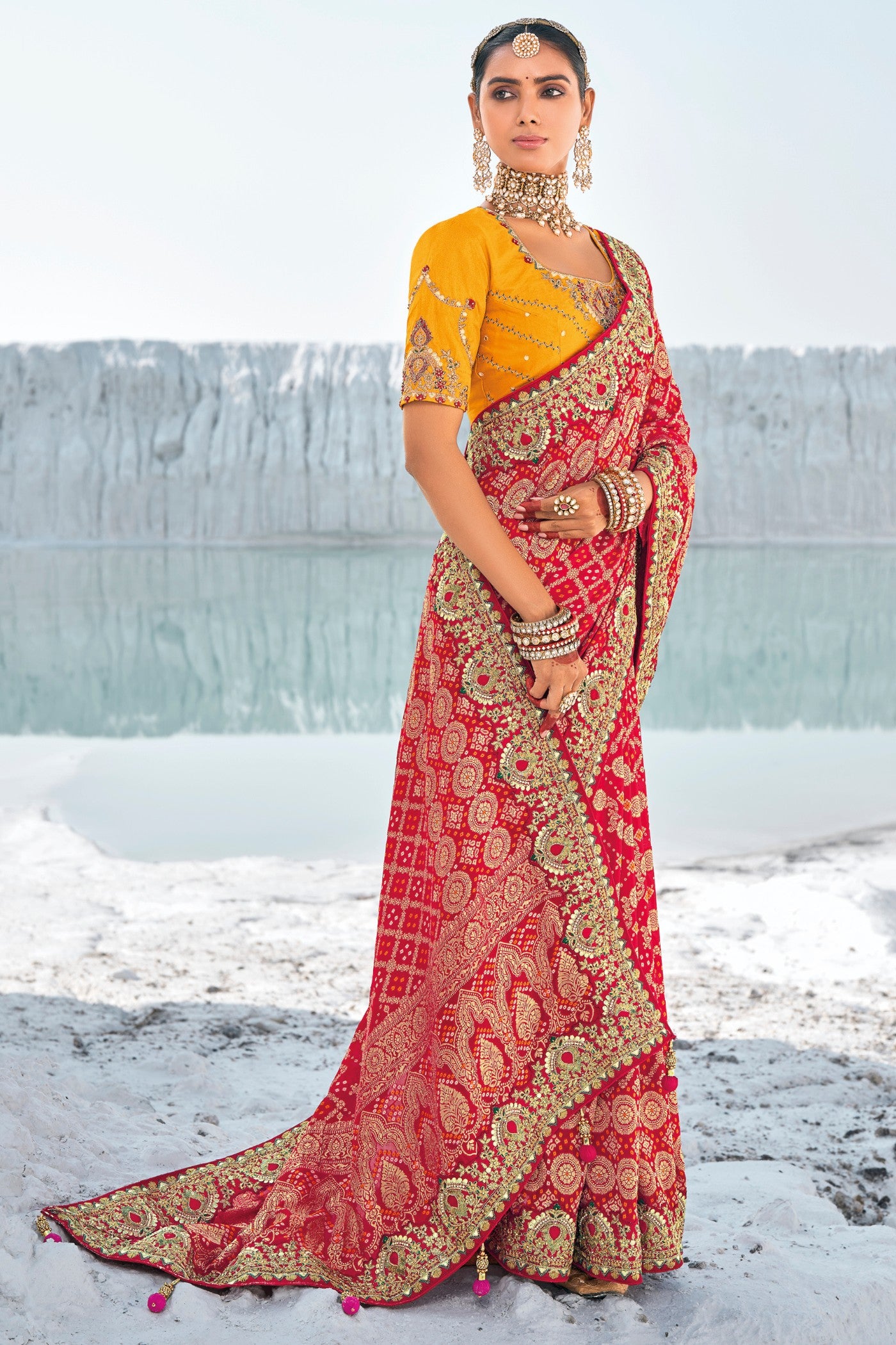 Buy MySilkLove Ruby Red Georgette Patola Saree Online