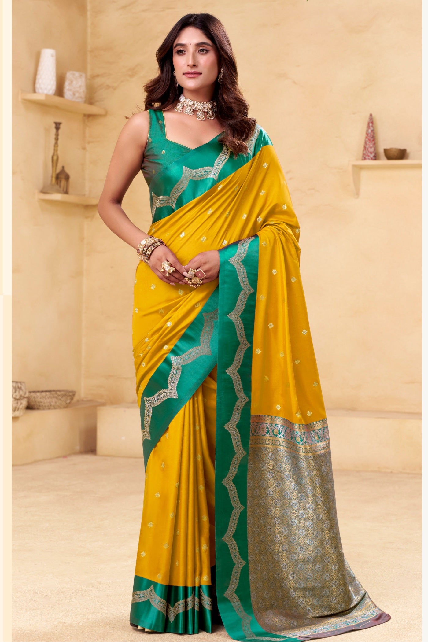 Buy MySilkLove Sun Yellow Woven Banarasi Satin Soft Silk Saree Online