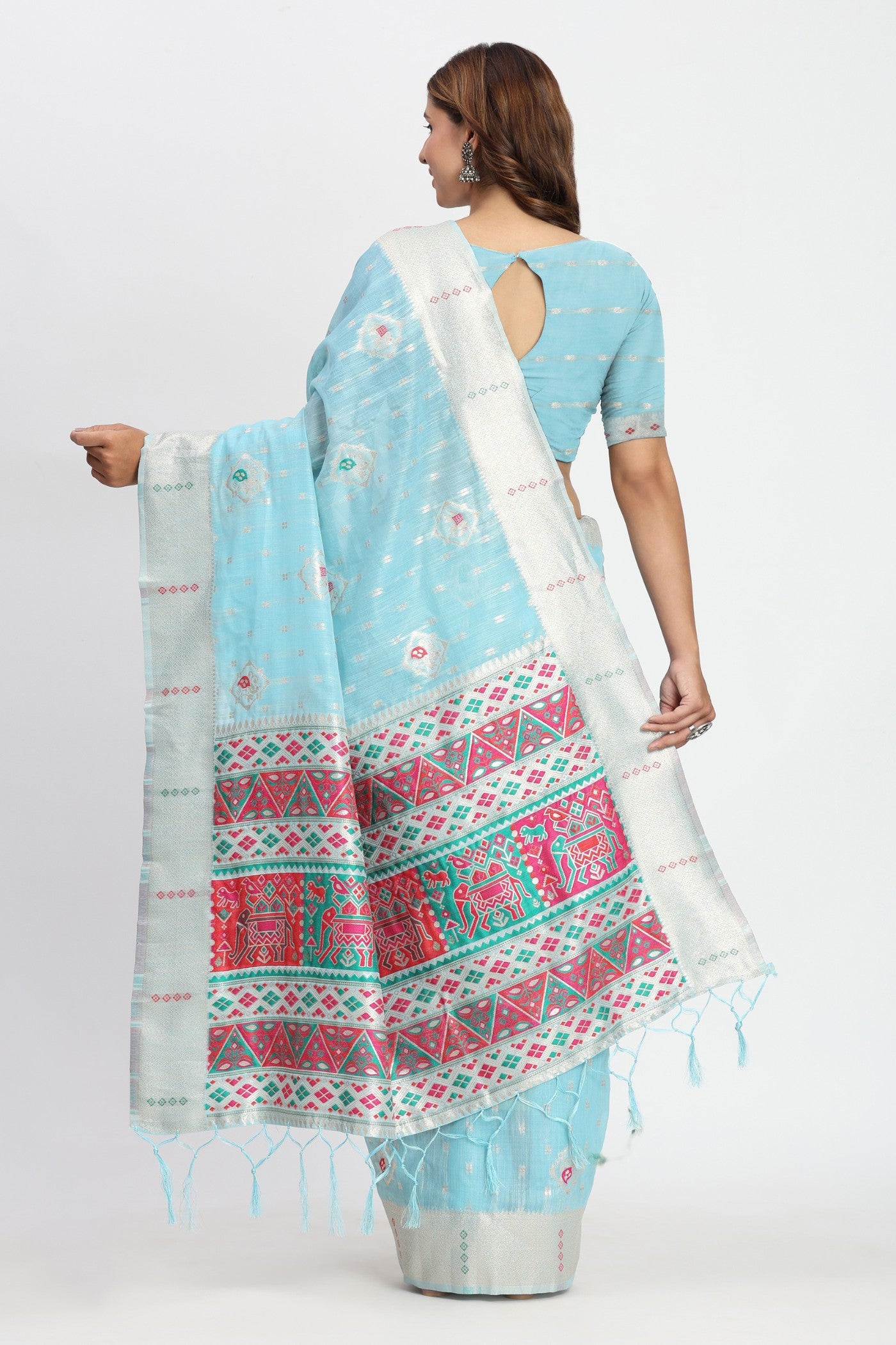 Buy MySilkLove Sky Blue Woven Linen Cotton Saree Online