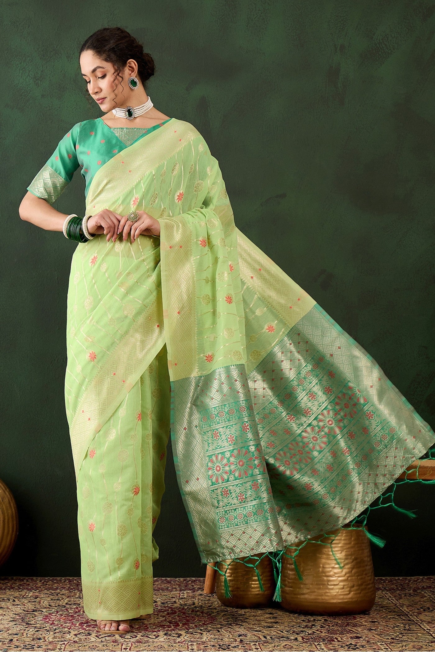 Buy MySilkLove Pistachio Green Woven Cotton Saree Online