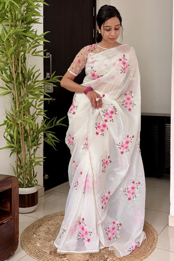 Buy MySilkLove Crystal White Floral Hand Embroidered Crush Tissue Saree Online