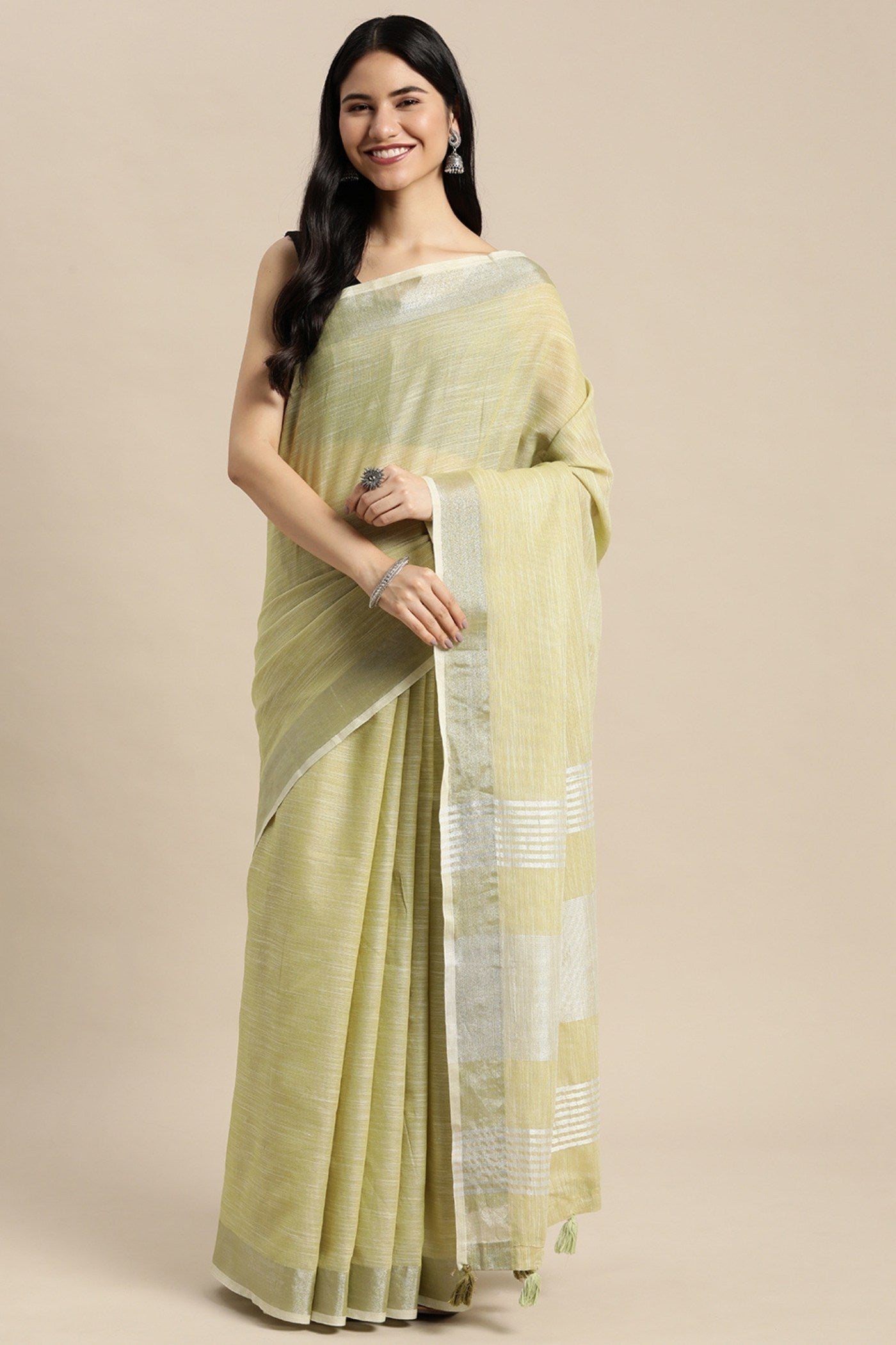 Buy MySilkLove Pista Green Woven Linen Cotton Saree Online