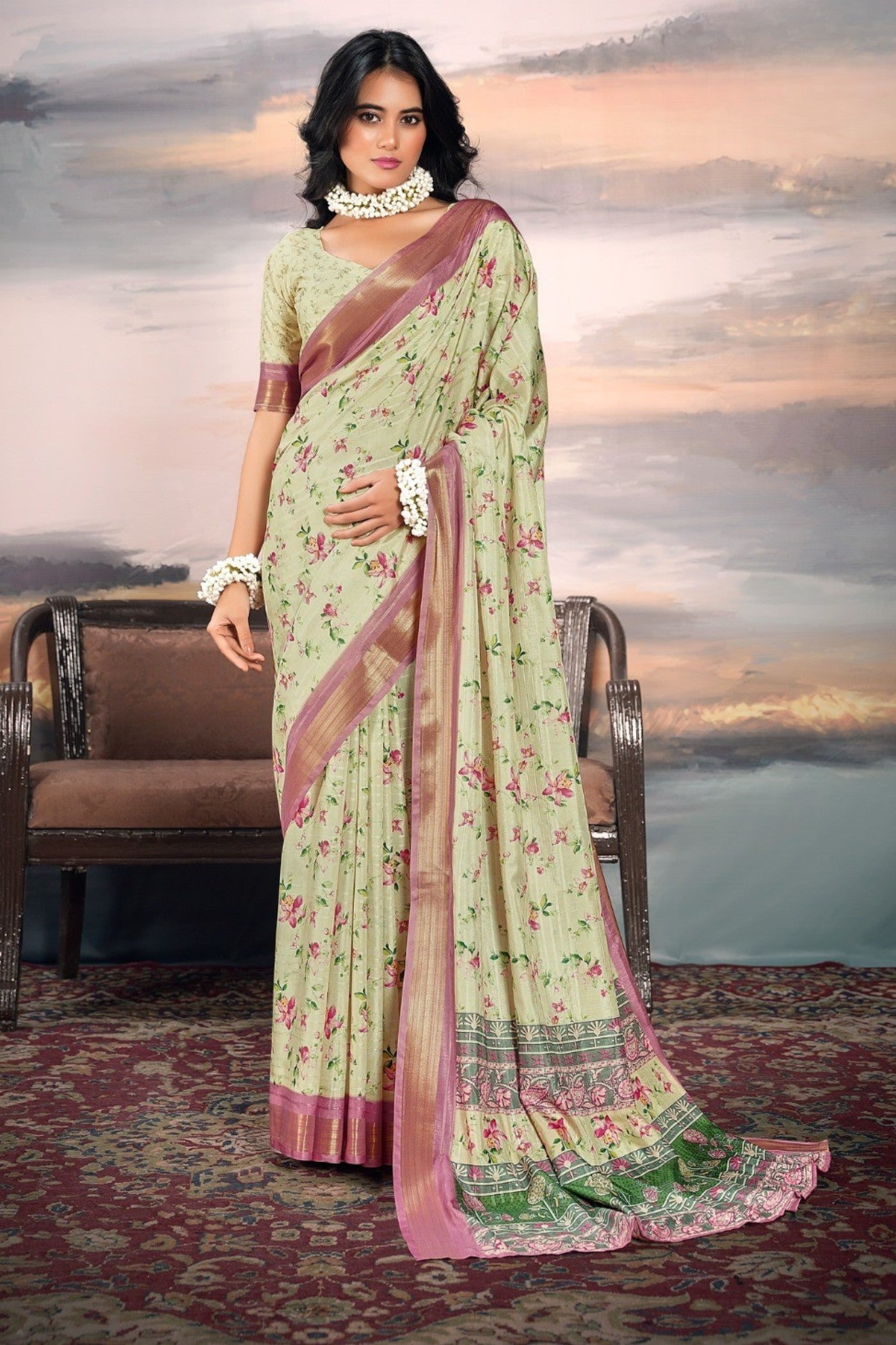 Buy MySilkLove Thistle Green Digital Printed Cotton Saree Online