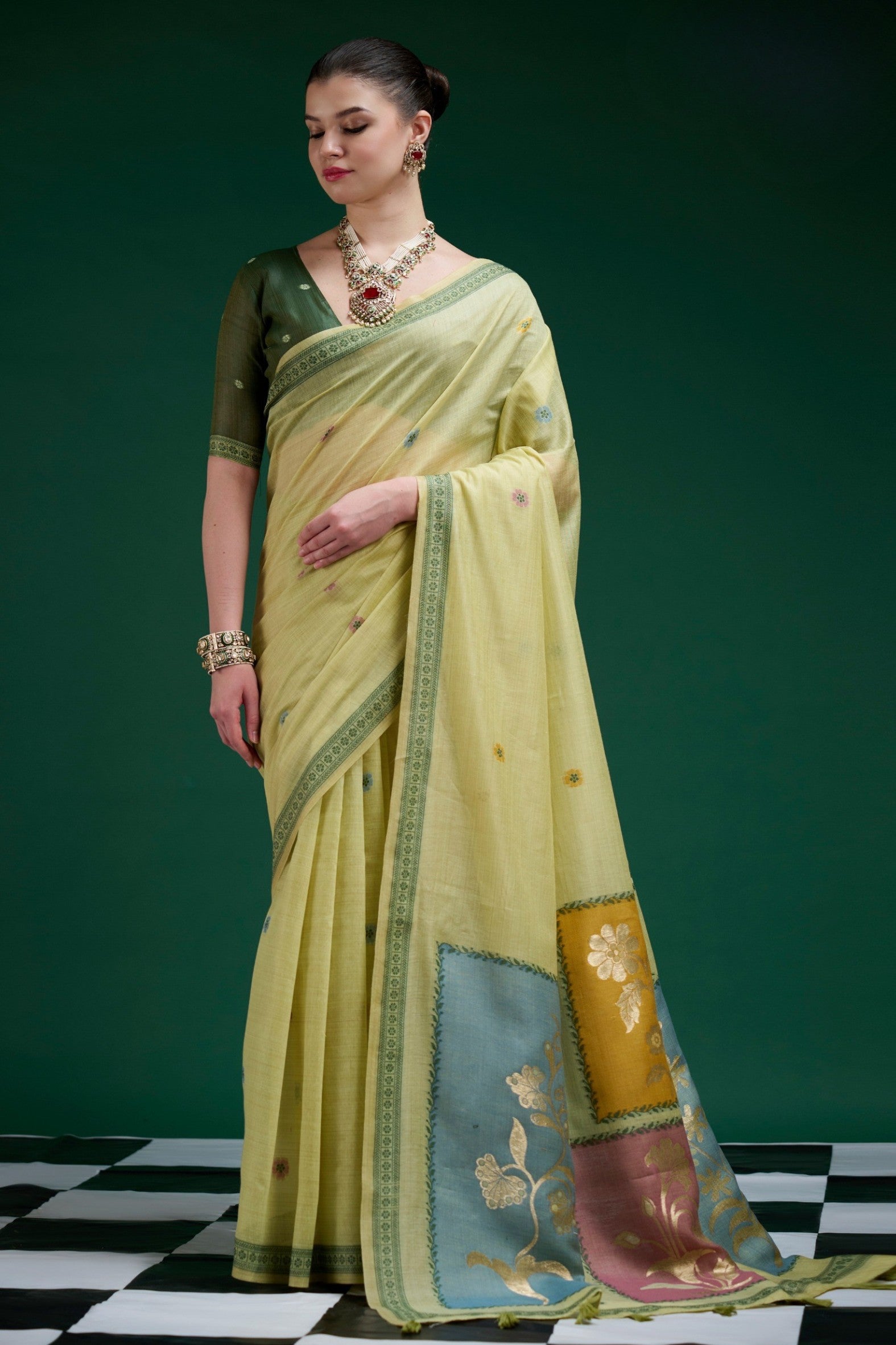 Buy MySilkLove Olive Green Jamdani Woven Muga Cotton Saree Online