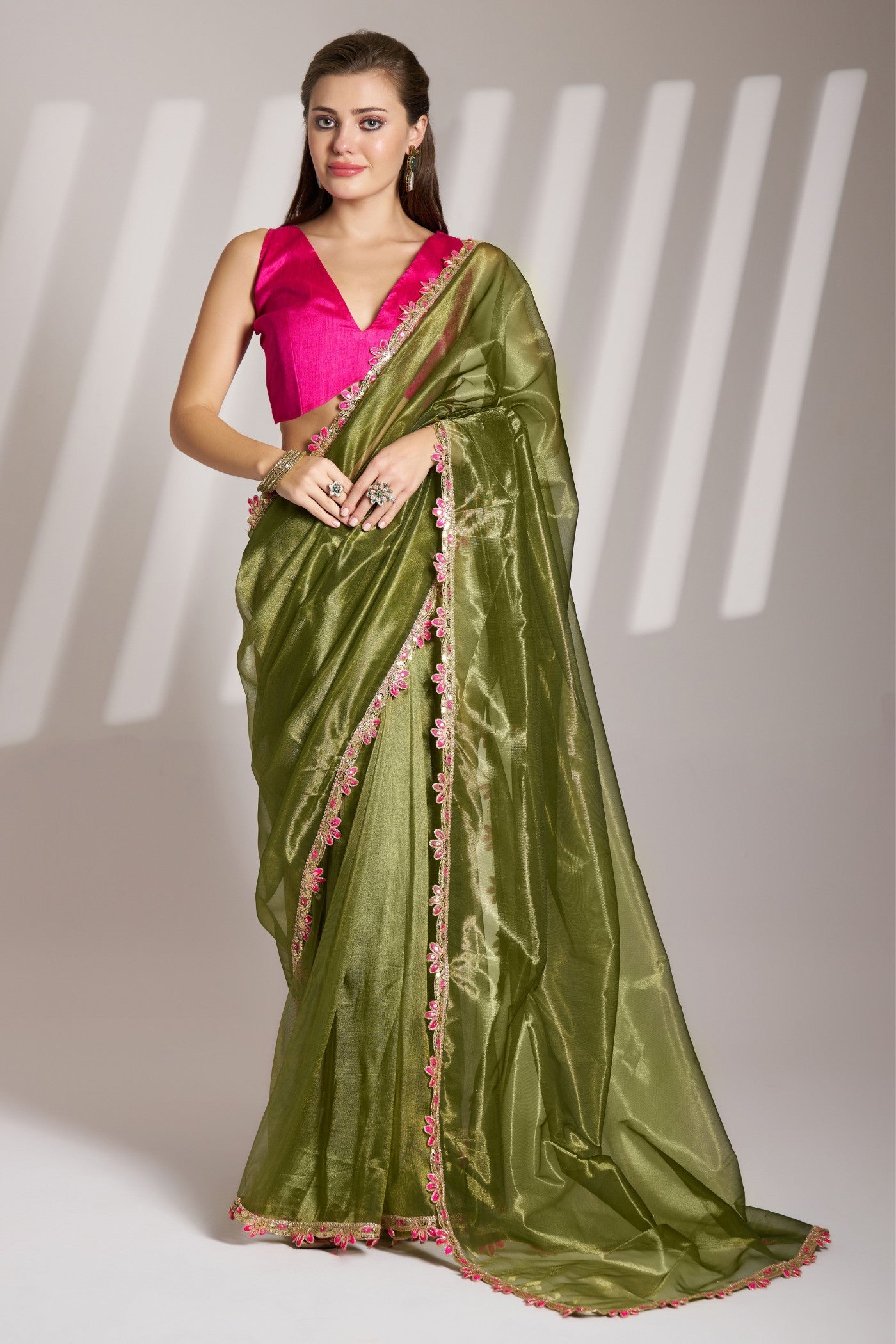 Buy MySilkLove Bronzetone Green Partywear Net Saree Online