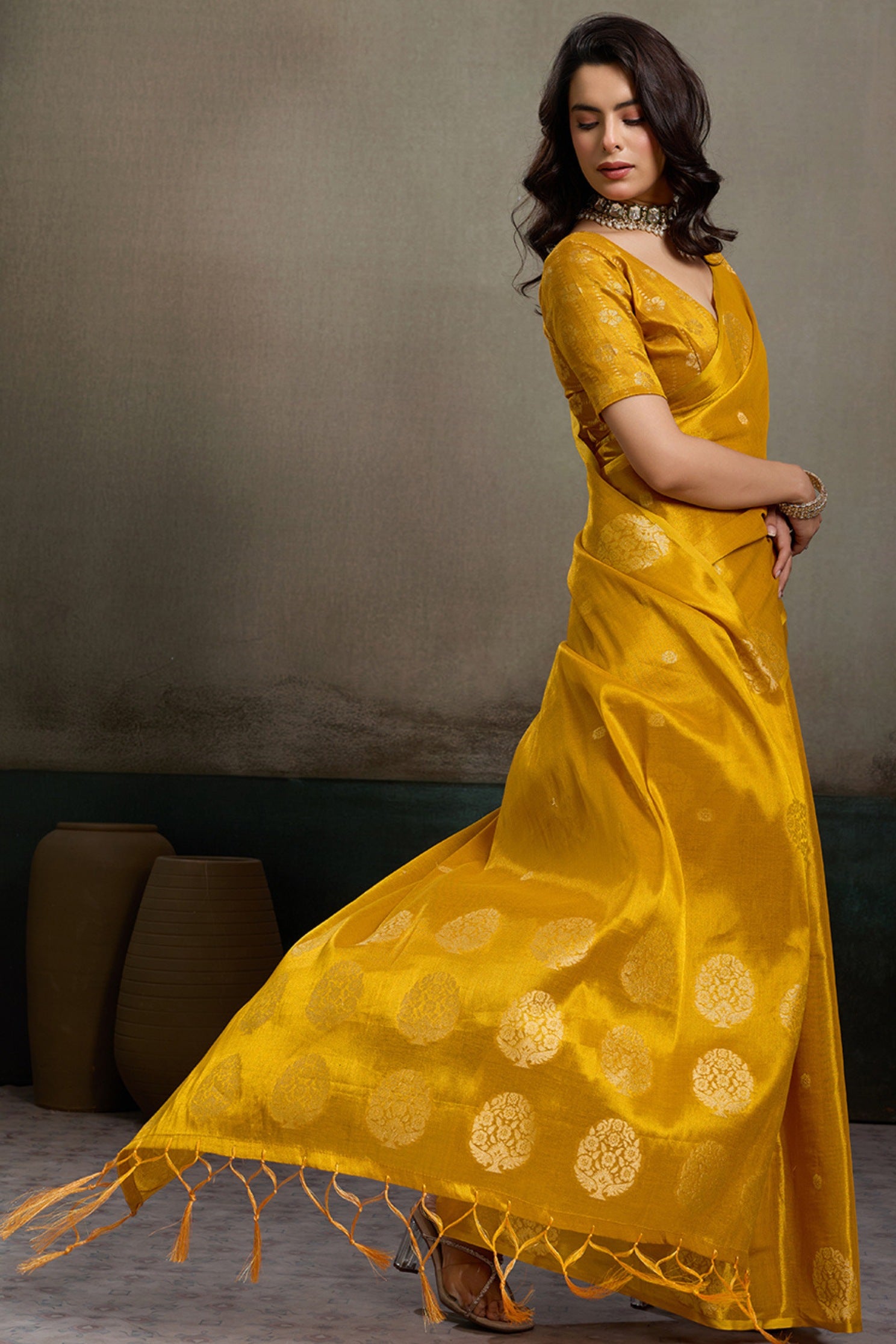 Buy MySilkLove Canary Yellow Woven Tissue Saree Online