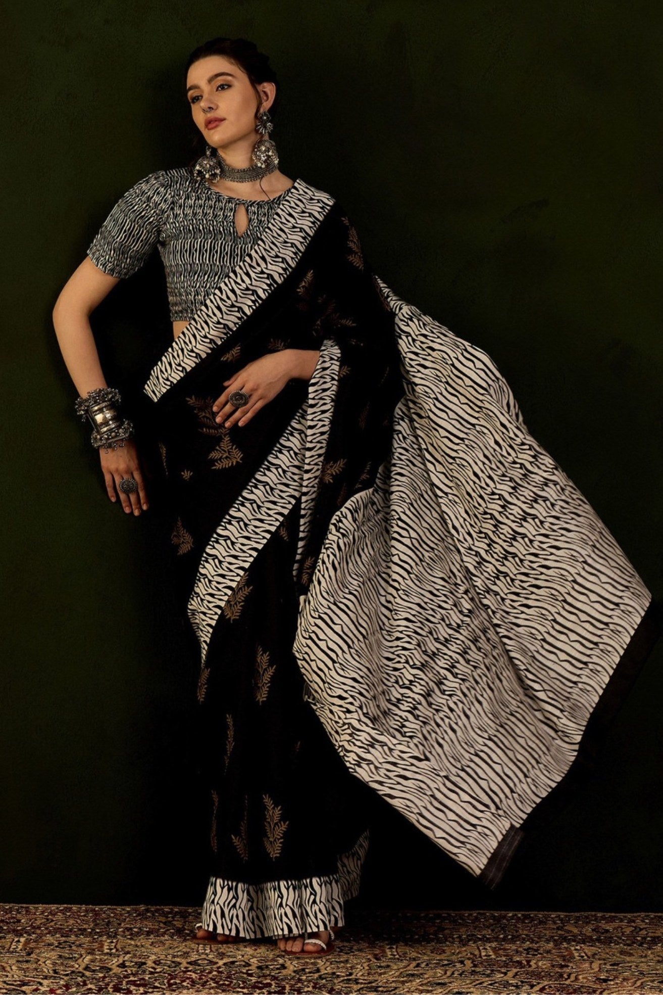 Buy MySilkLove Spider Black Ajrakh Printed Saree Online