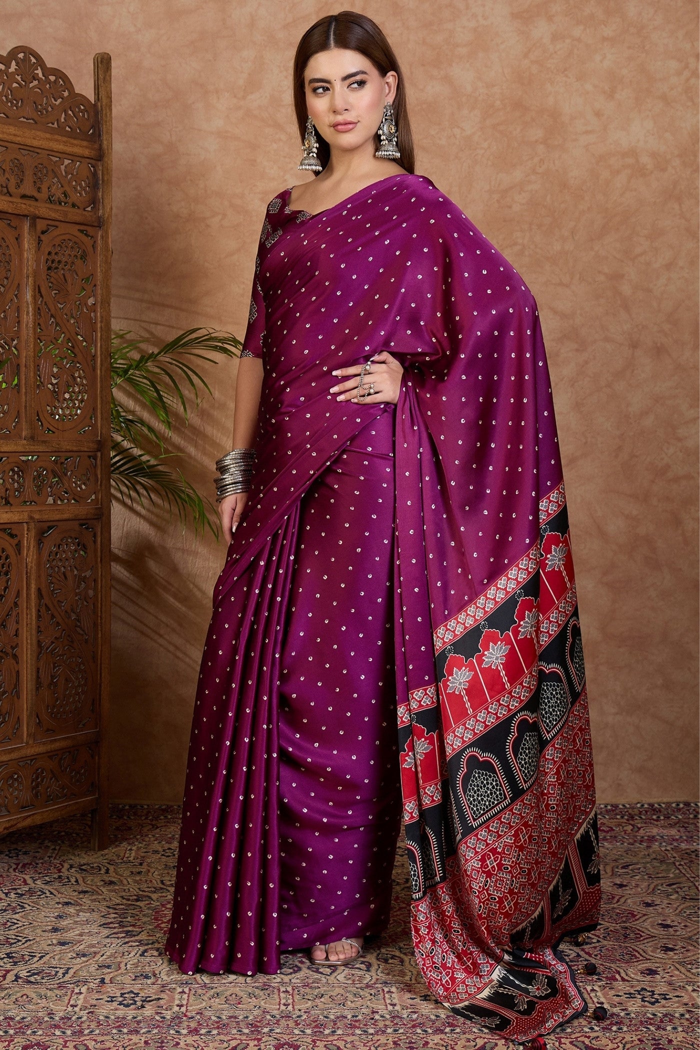 Buy MySilkLove Petunia Purple Ajrakh Printed Satin Crepe Silk Saree Online