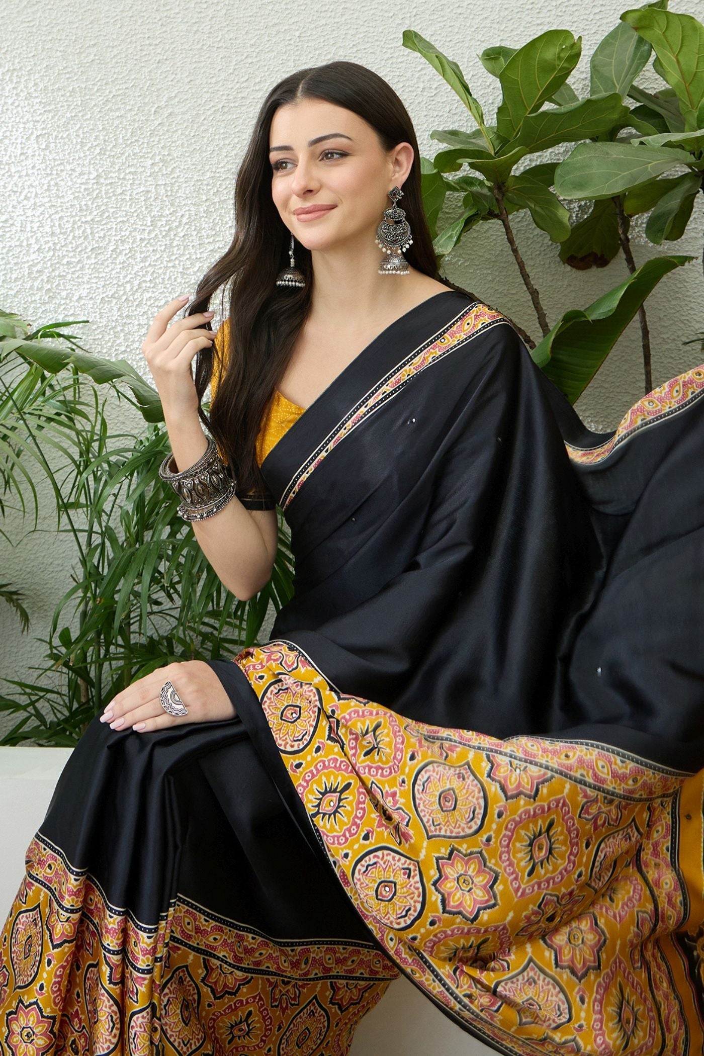 Buy MySilkLove Black Pearl and Yellow Modal Ajrakh Satin Printed Silk Saree Online