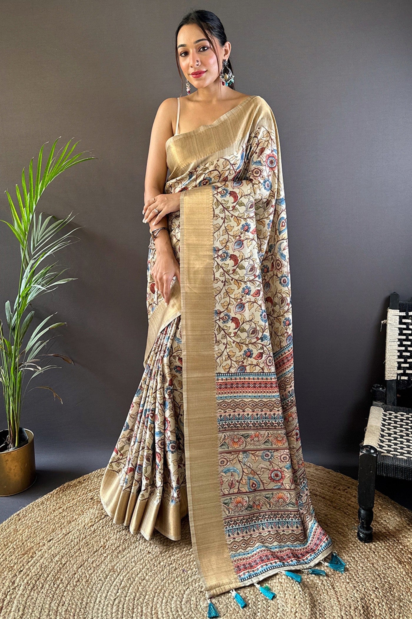 Buy MySilkLove Twine Cream and Grey Printed Tussar Silk Saree Online