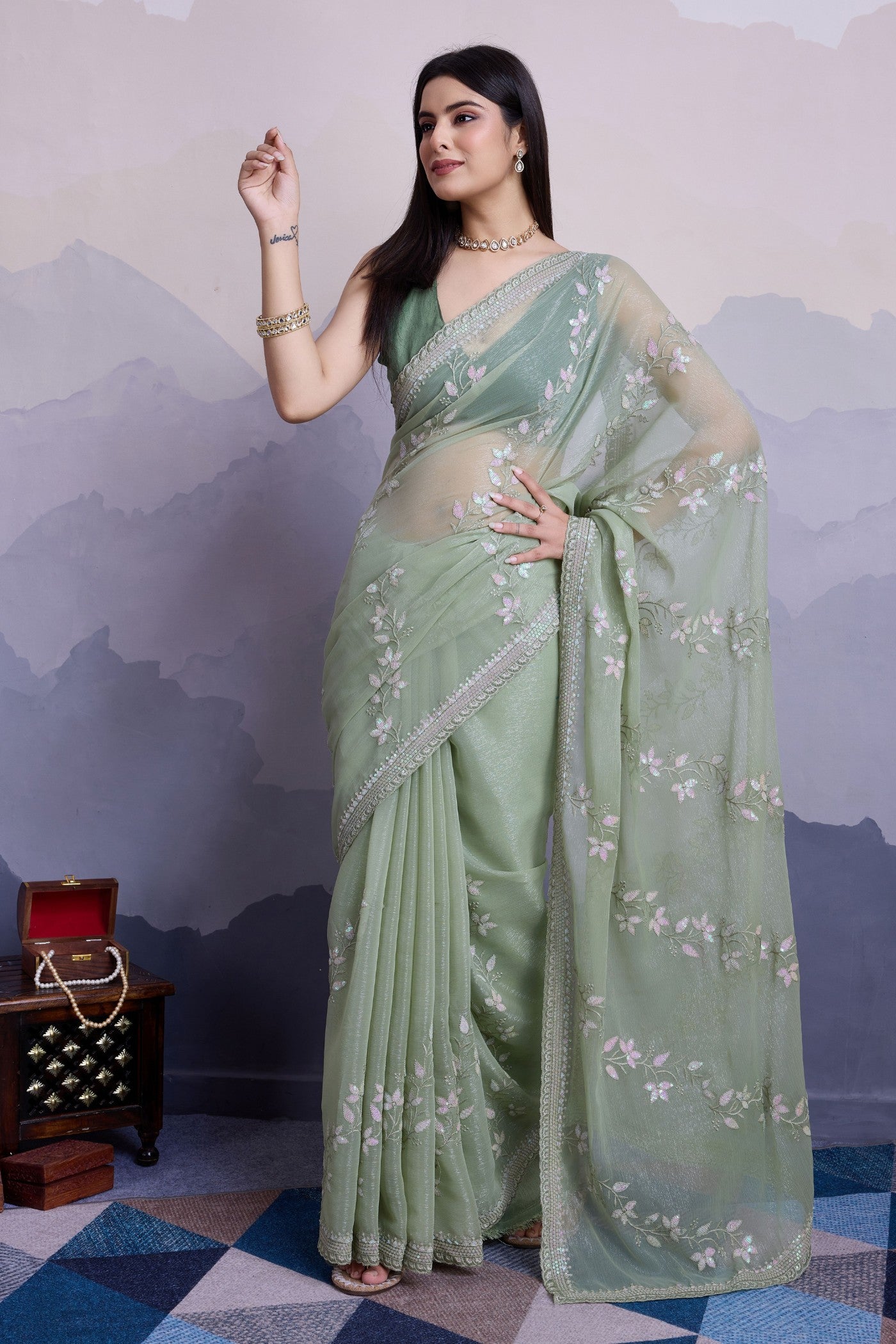 Buy MySilkLove Pastel Green Embroidered Designer Chiffon Saree Online