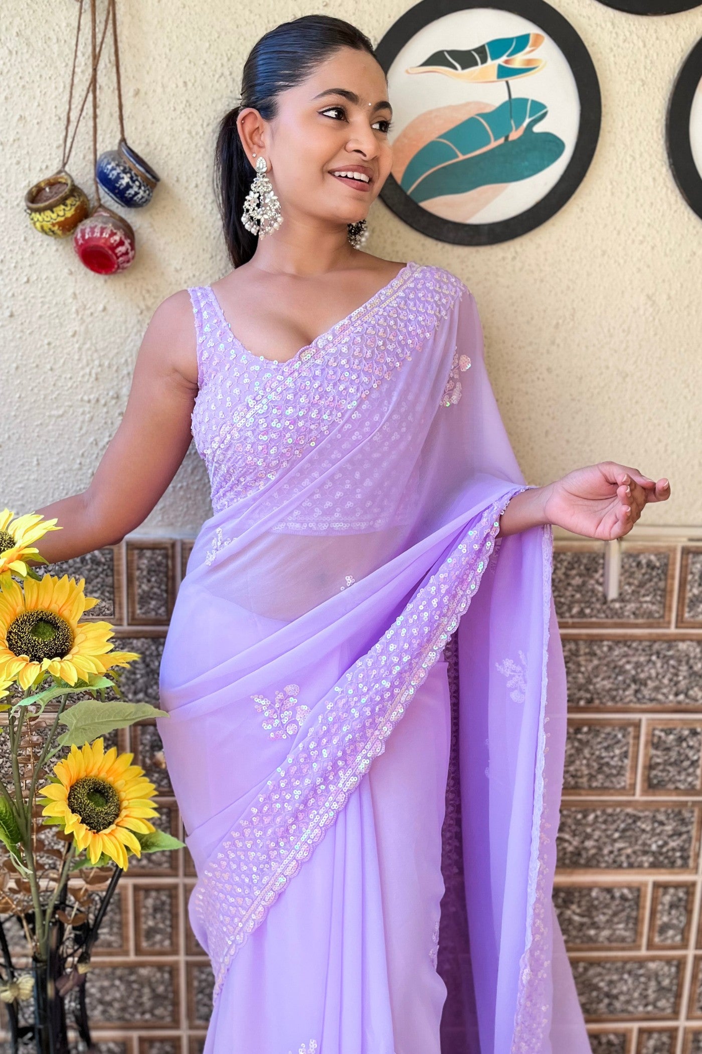 Buy MySilkLove Crocus Lavender Embroidery Georgette saree Online