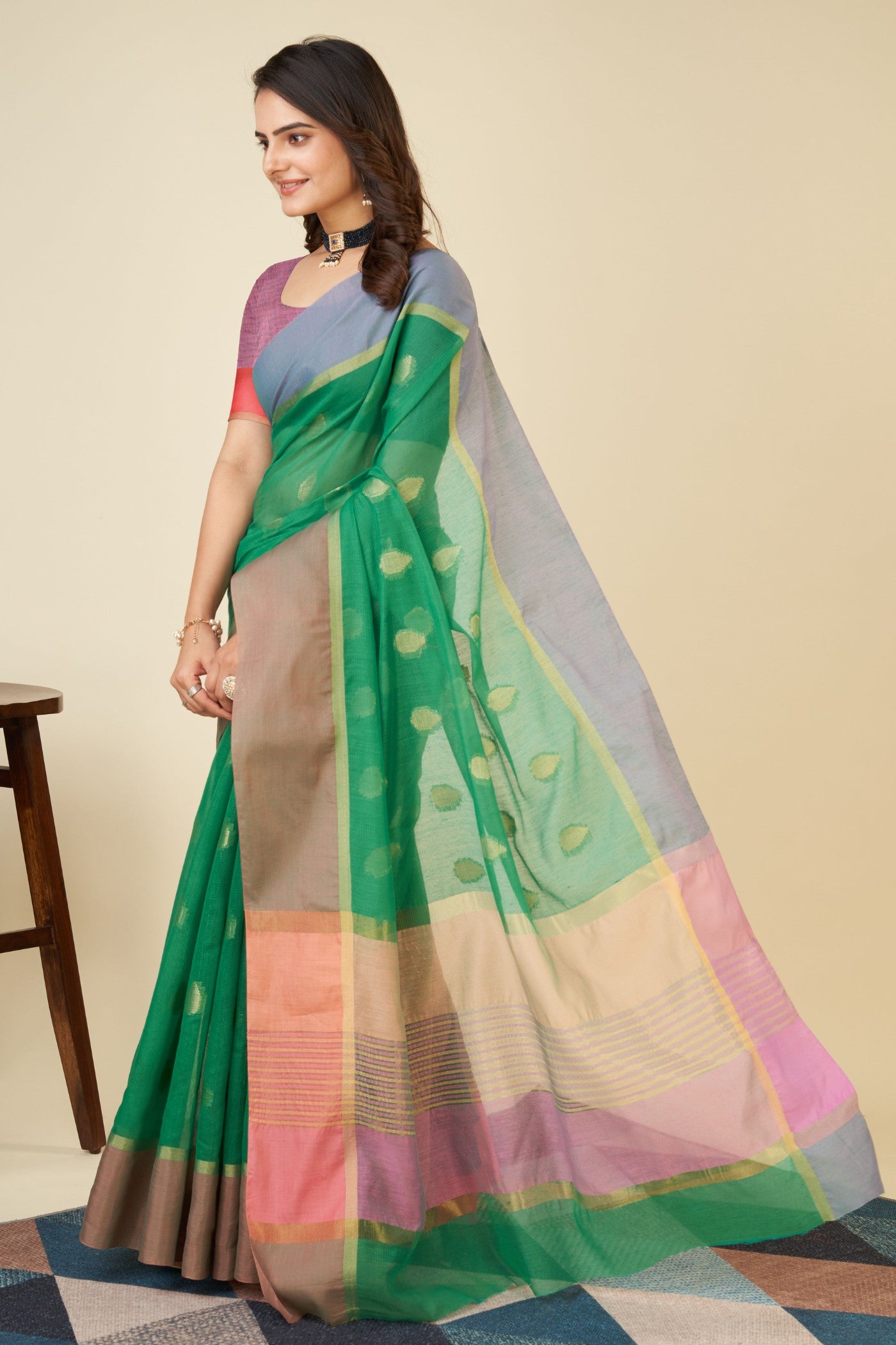 MySilkLove Chartreuse Green Woven Cotton Saree
